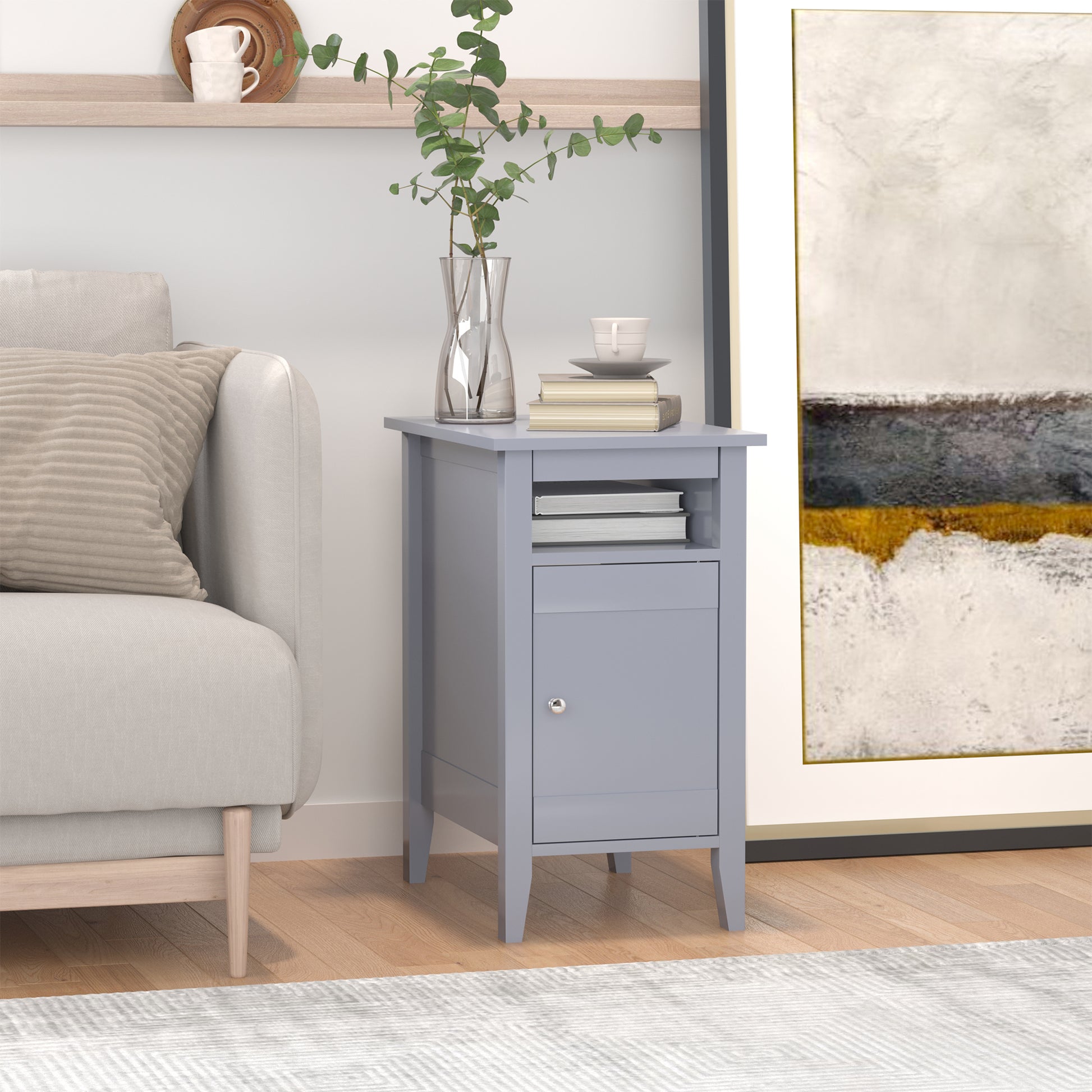 Modern Grey Wooden Nightstand with Pullout Tray, 3-Tier Adjustable Storage Cabinet