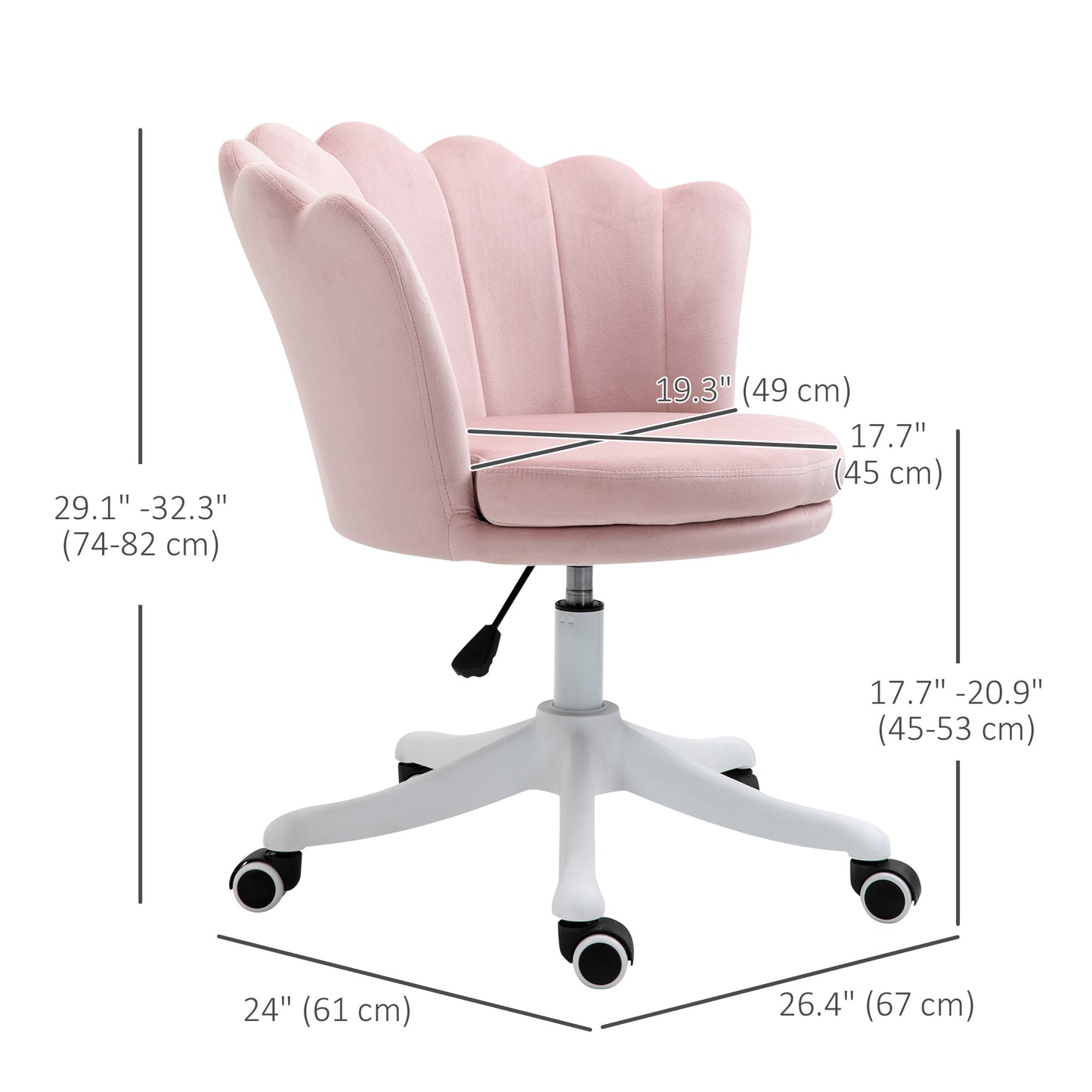 HOMCOM Pink Velvet Scallop Mid-Back Office Chair Adjustable Swivel Desk Computer Chair