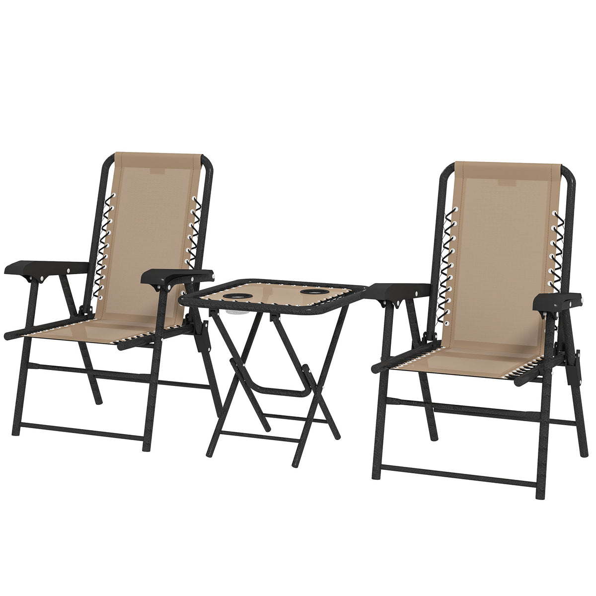 3 Pieces Patio Bistro Set, Outdoor Folding Table and Chairs Set, Metal Patio Furniture Set with Cup Holders – Khaki