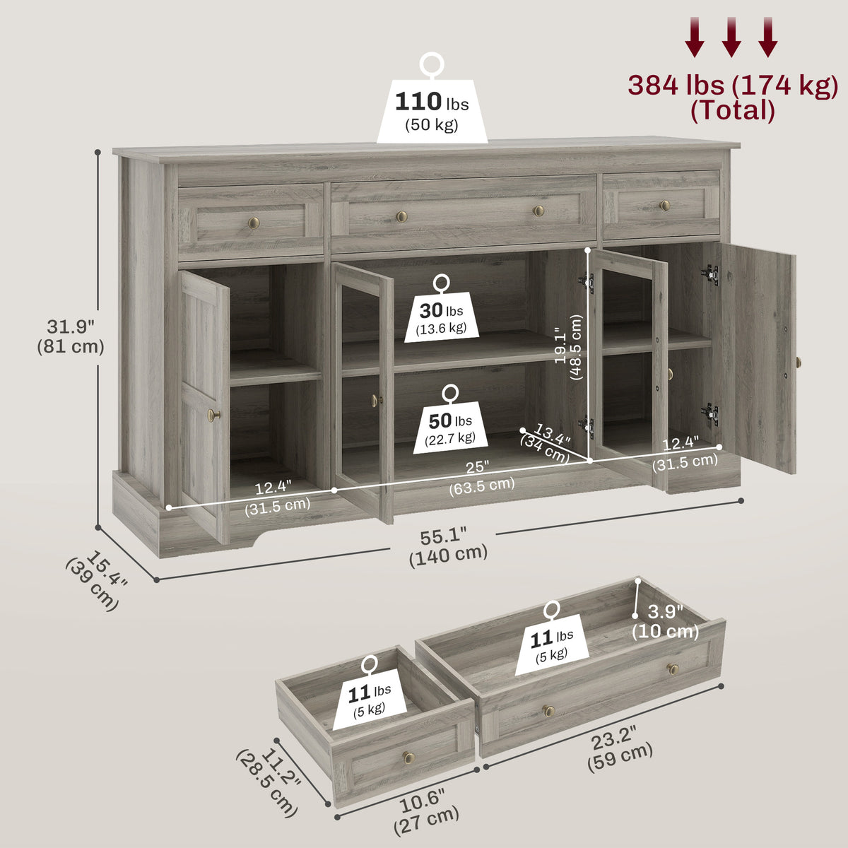 Sideboard Buffet Cabinet with Storage – 55"W x 32"H
