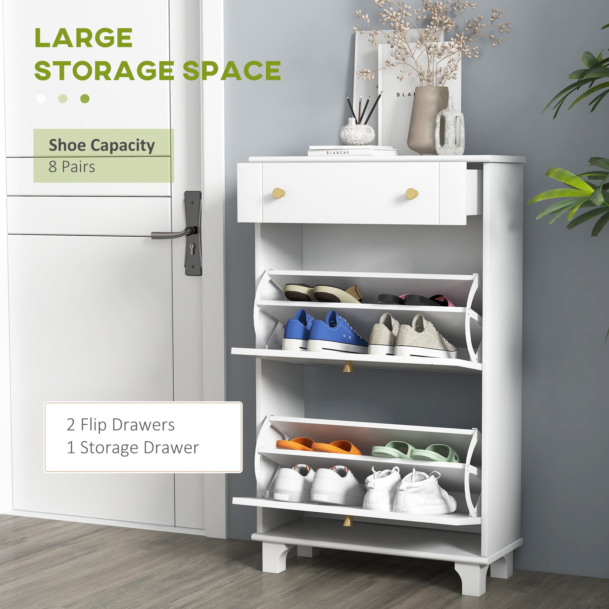 HOMCOM Slim White Shoe Cabinet: Dual Flip Drawers, Adjustable Shelves