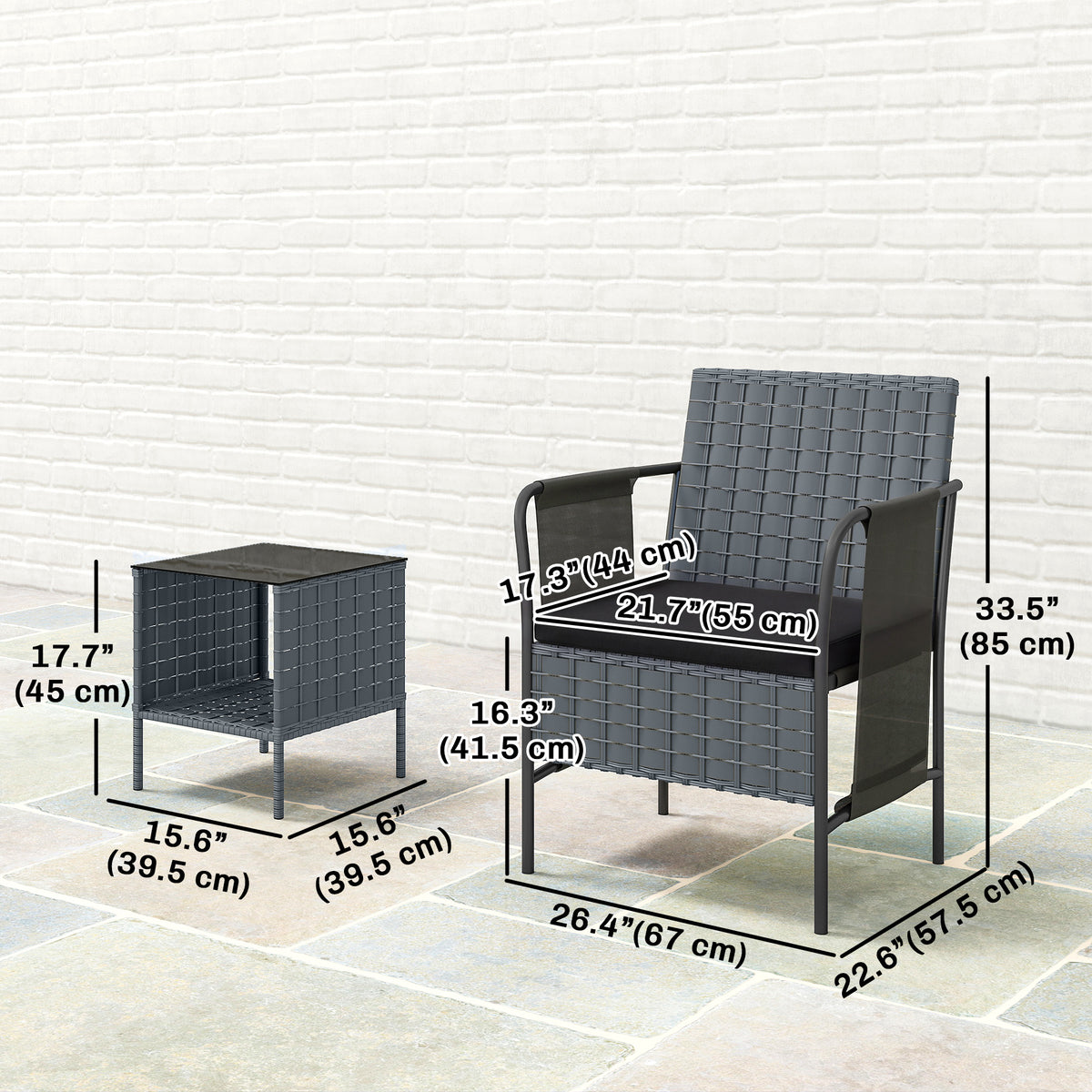 3 Piece Wicker Patio Furniture Set, Outdoor Bistro Set, Side Pockets, Mesh Seat, 2 Tier Glass Table, Cushions – Black