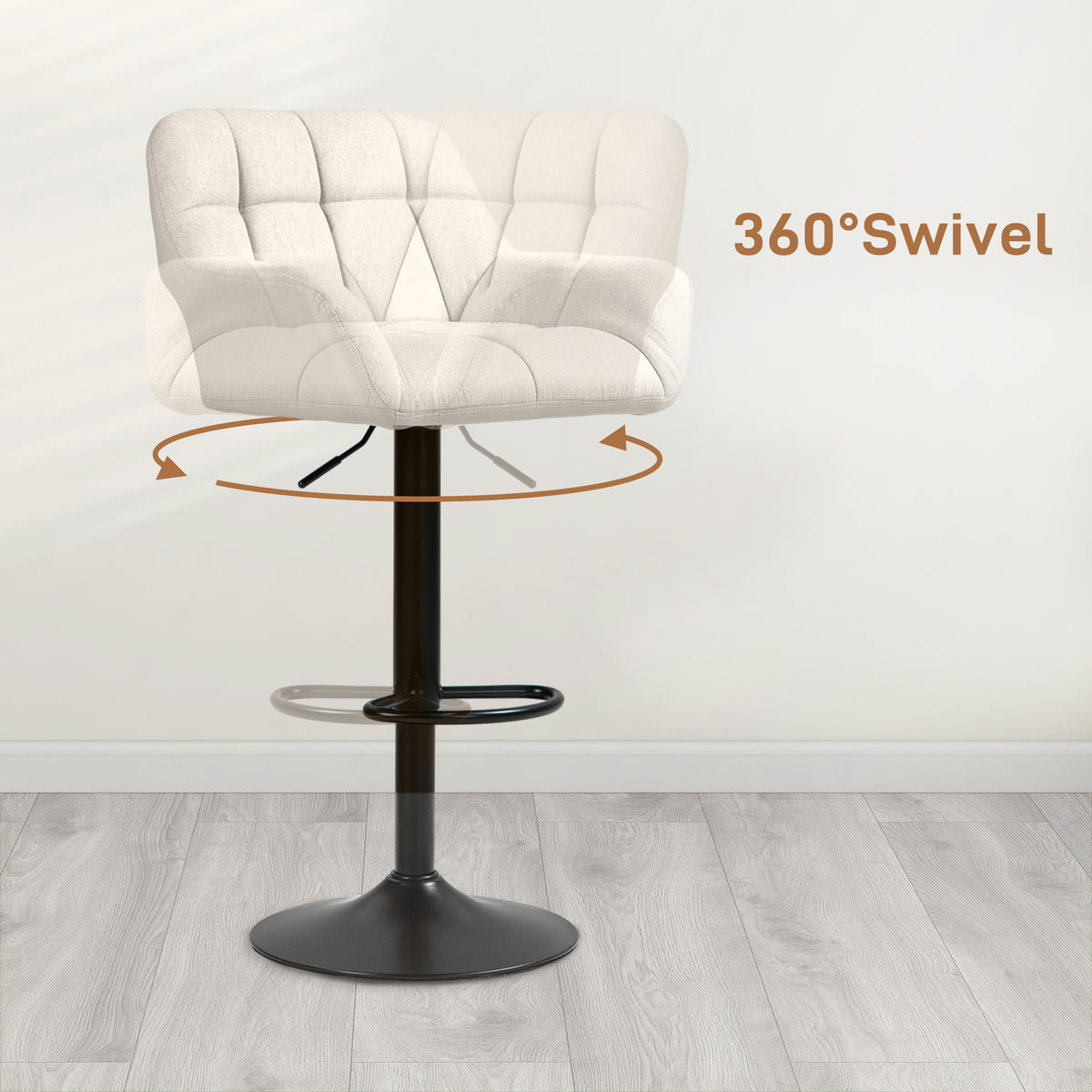 Tufted Swivel Bar Stools with Armrests and Chrome Base, Set of 2, Cream White