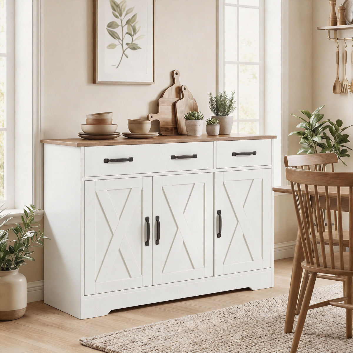 Farmhouse Kitchen Cabinet with 3 Barn Doors – 43"W x 32"H