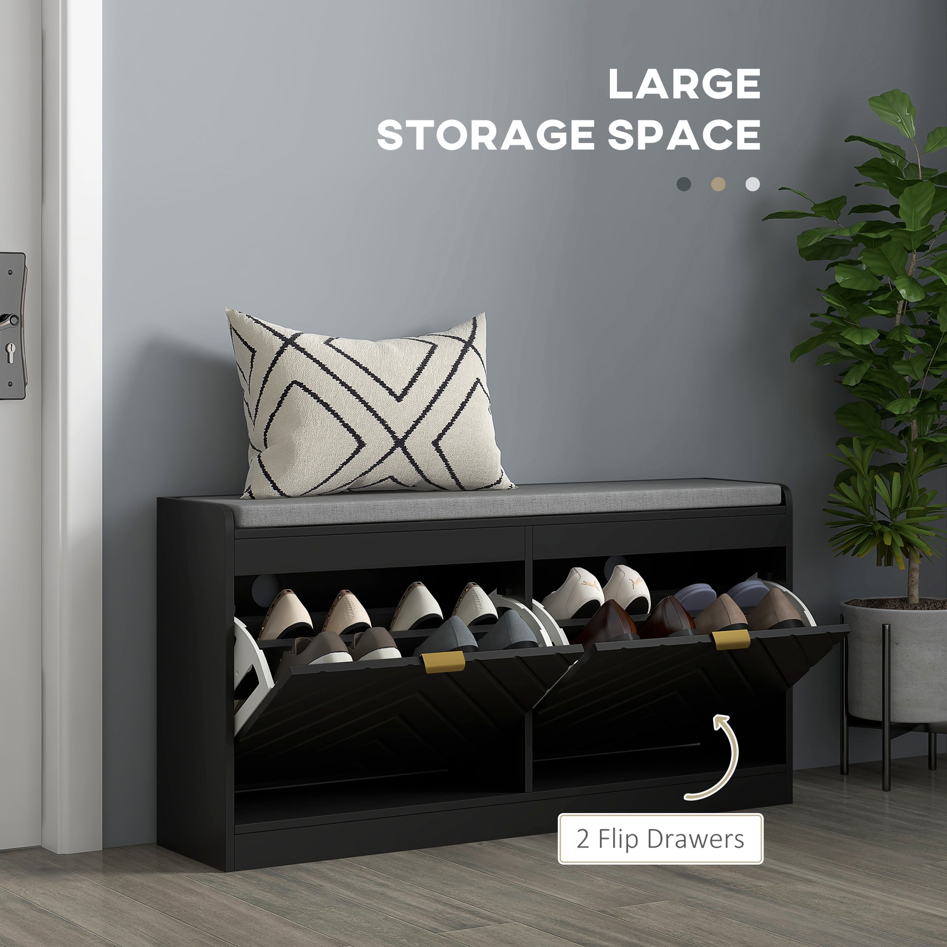 Modern Upholstered Hallway Shoe Storage Bench with Flip Drawers & Vents