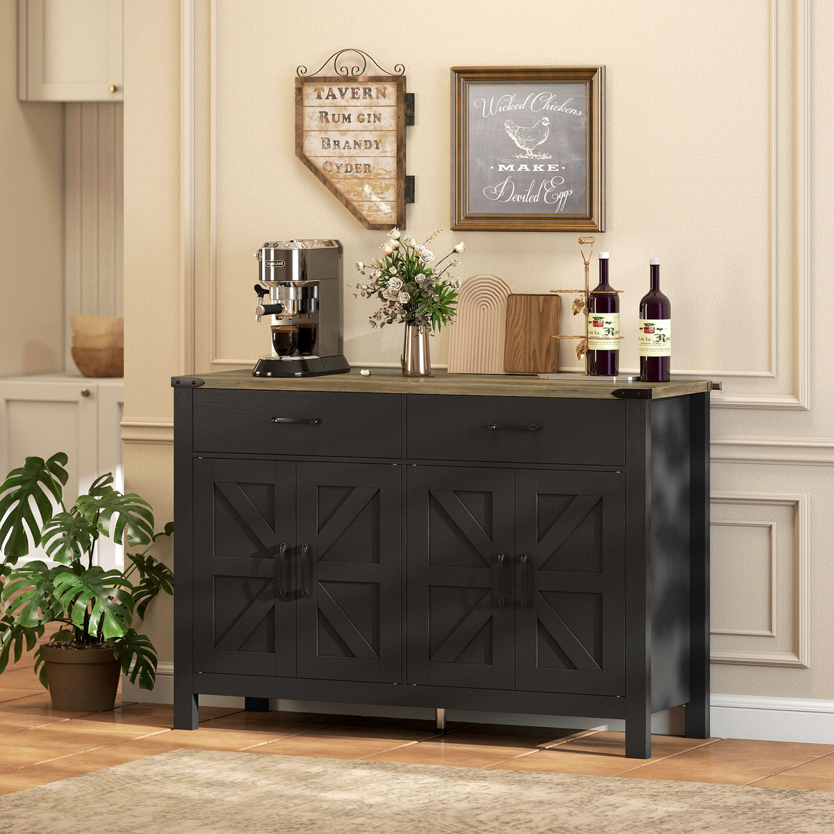 Farmhouse Kitchen Storage Cabinet with 2 Drawers and Shelves – 47"W x 32"H