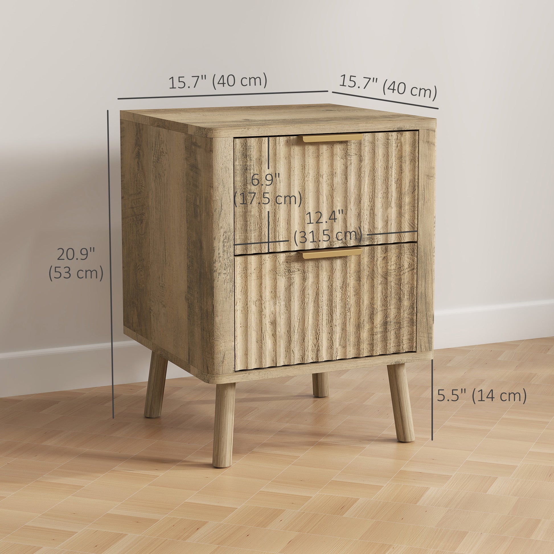 HOMCOM Modern Oak Nightstands Set of 2, Fluted Drawers, Finger Pulls