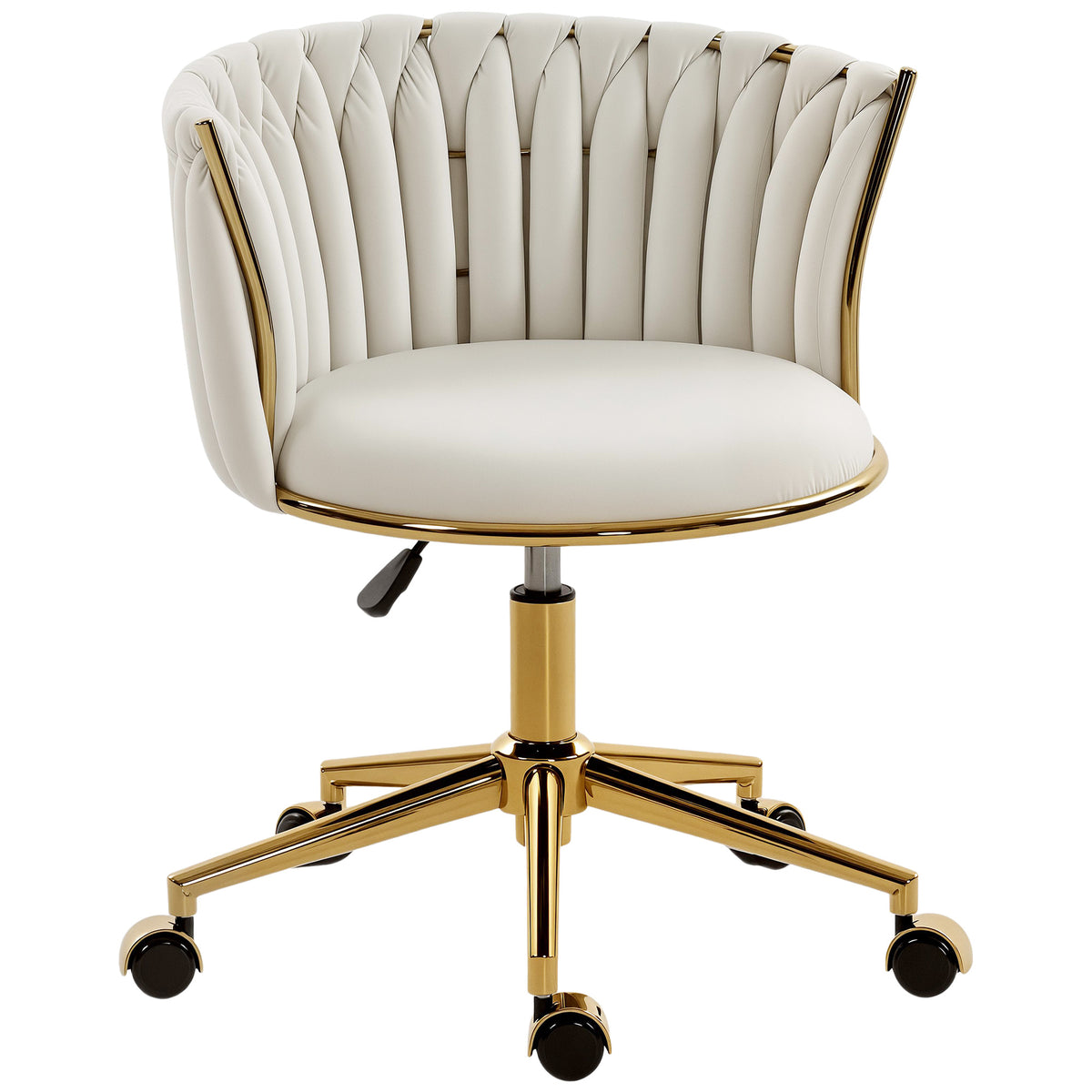 Office Chair, Vanity Chair with Woven Back, Adjustable Height, Rolling Wheels, Cream White