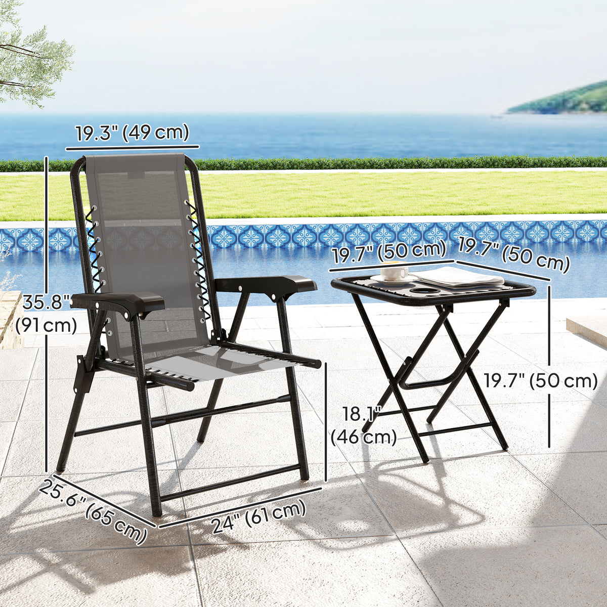 3 Pieces Patio Bistro Set, Outdoor Folding Table and Chairs Set, Metal Patio Furniture Set with Cup Holders – Dark Grey, Black