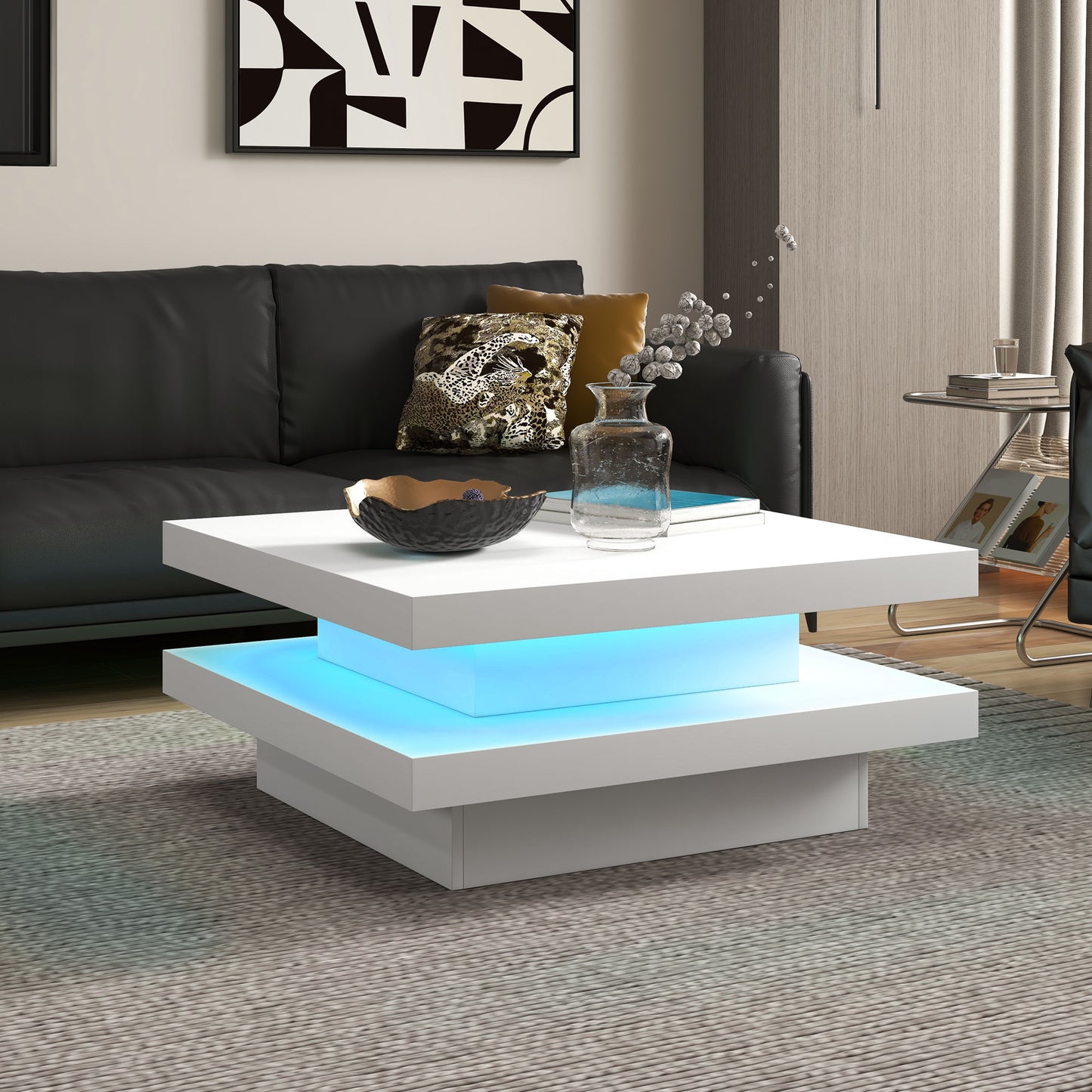 Modern Square Coffee Table with RGB LED Lights, Remote Control, 2-Tier Storage, White