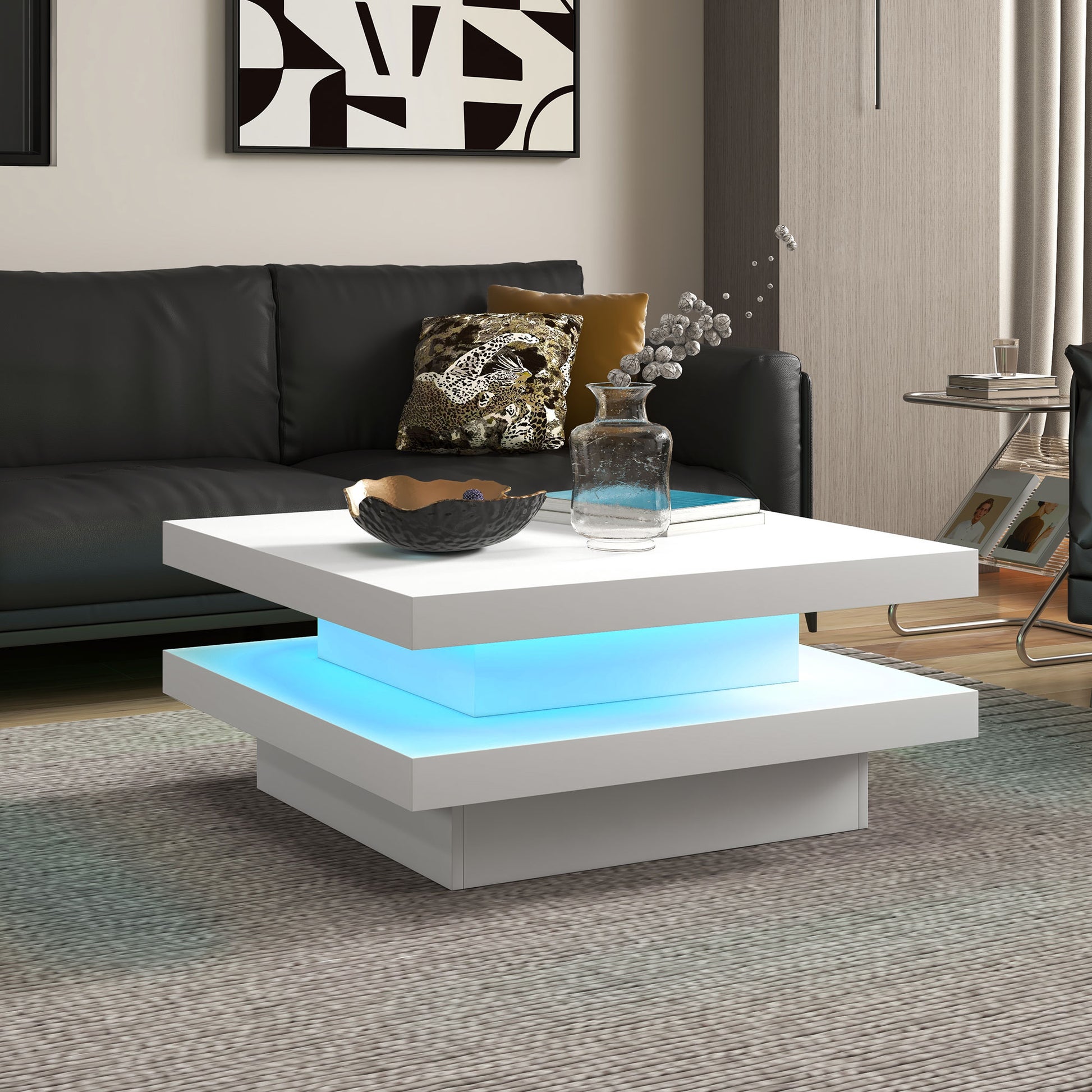 Modern Square Coffee Table with RGB LED Lights, Remote Control, 2-Tier Storage, White