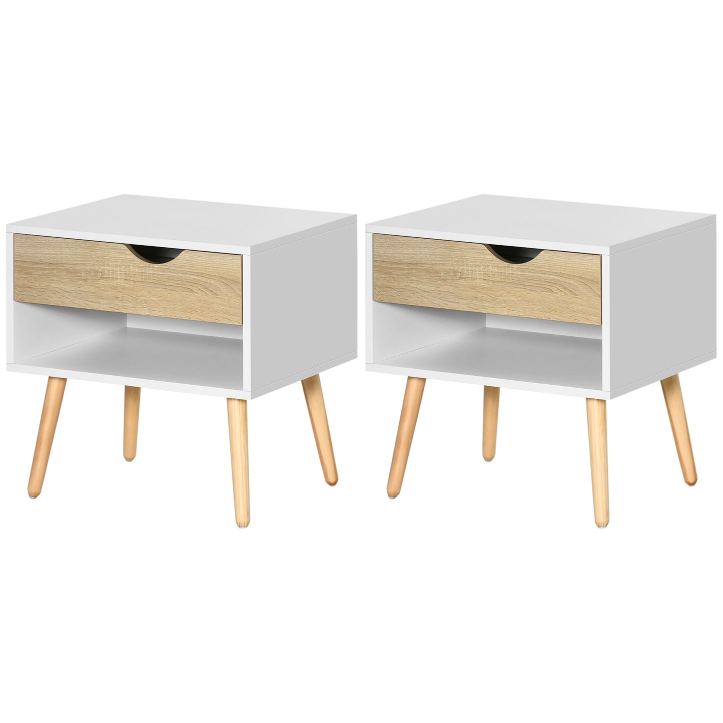 Modern Bedside Tables Set of 2 with Drawer, Shelf, Wood Legs