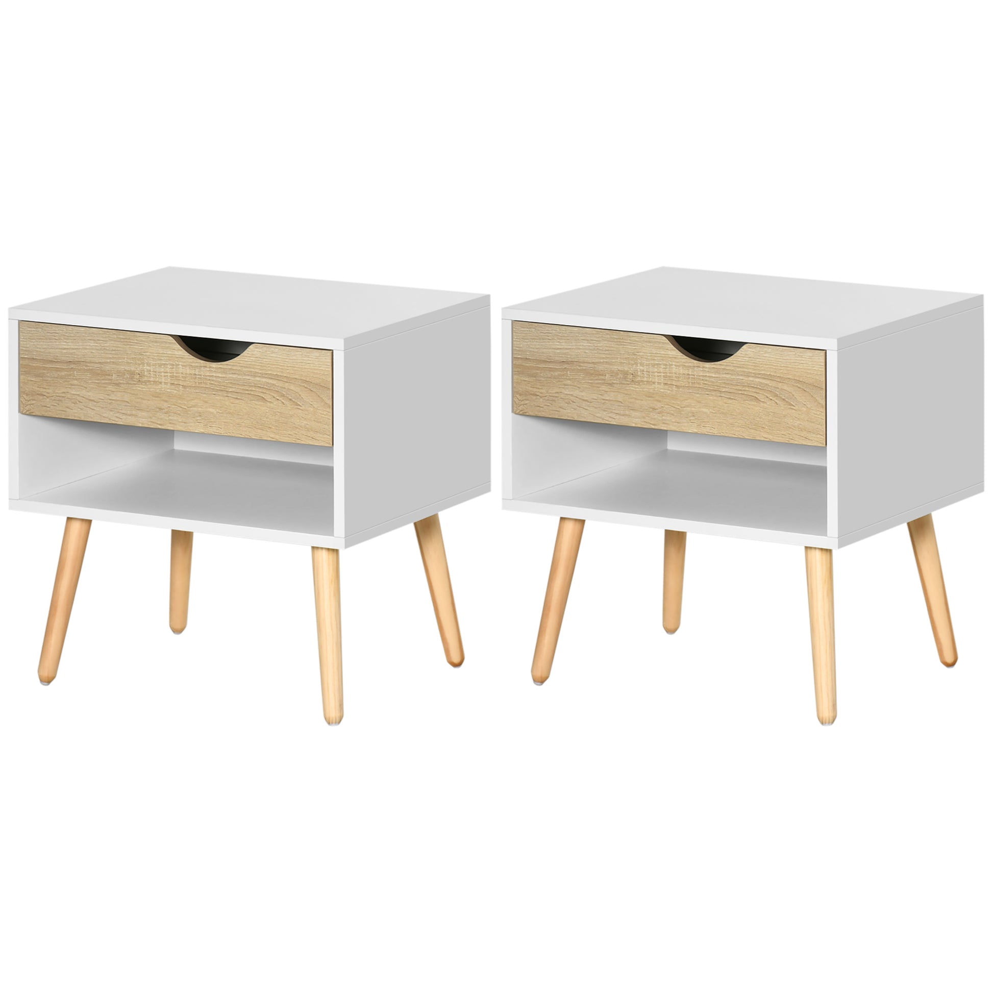 Modern Bedside Tables Set of 2 with Drawer, Shelf, Wood Legs