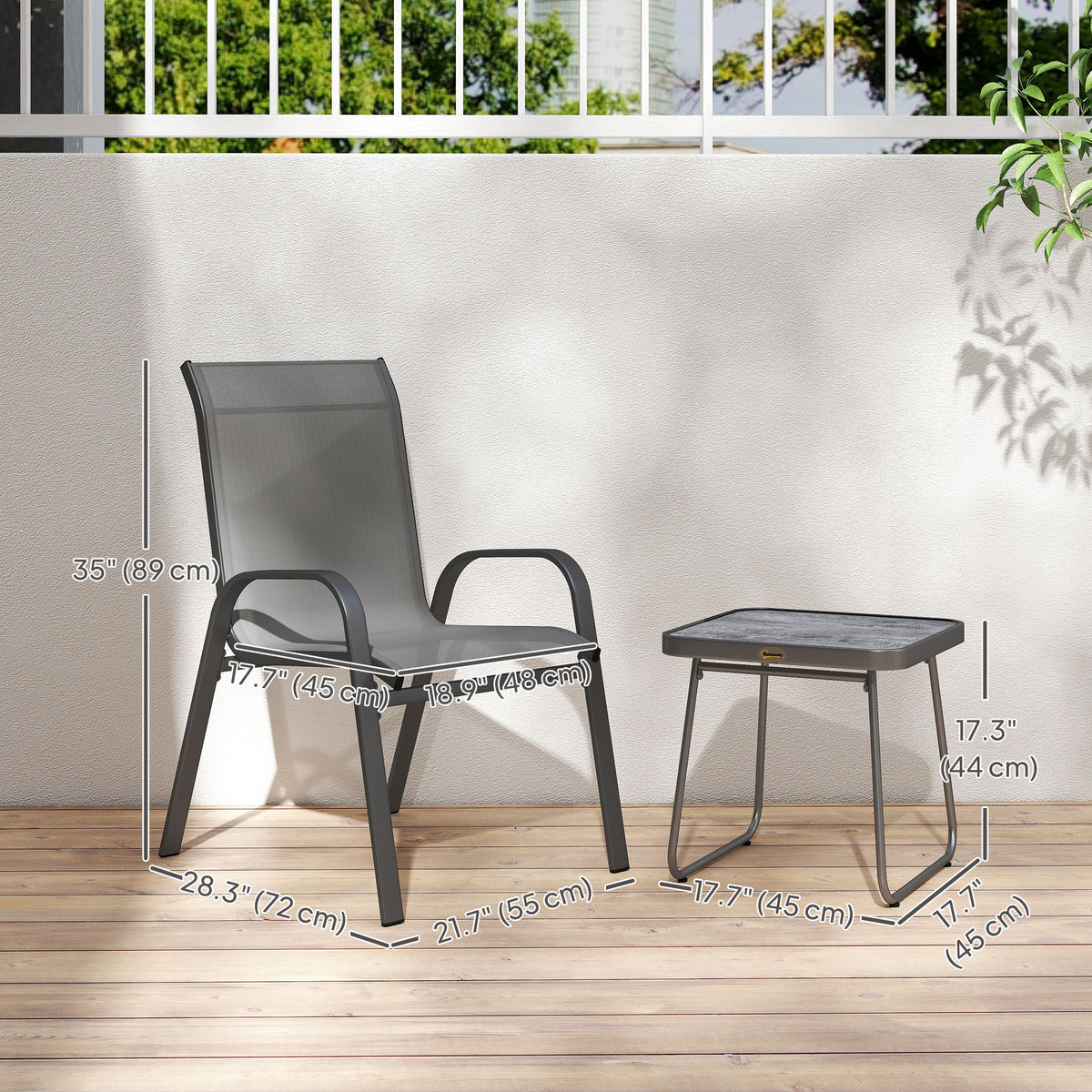 Outdoor Bistro Set of 3, 3-Piece Patio Set with Breathable Mesh Fabric, Stackable Chairs and Square Table