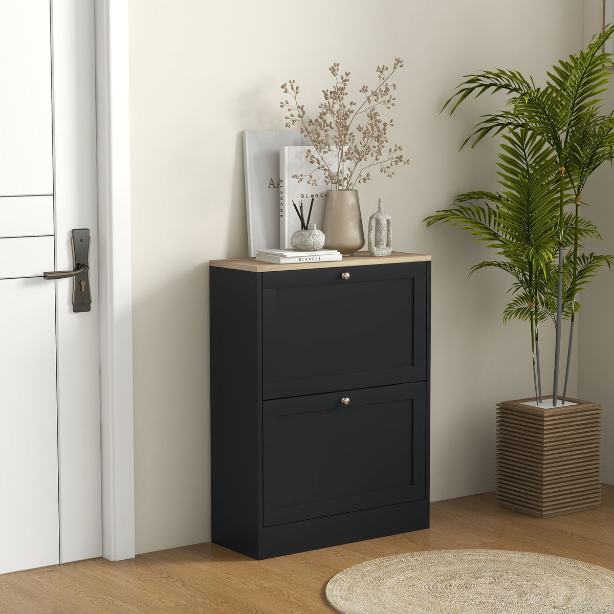 Slim Modern Shoe Cabinet with 2 Flip Drawers – 24"W x 32"H