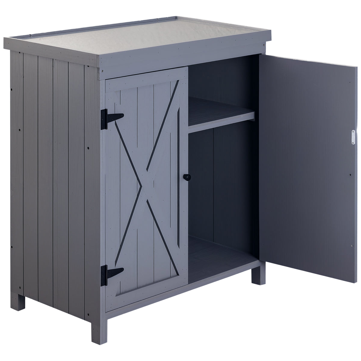 Garden Storage Cabinet, Outdoor Tool Shed with Galvanized Top and Two Shelves for Yard Tools and Pool Accessories