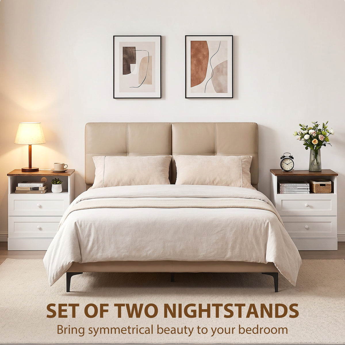 Nightstands with Charging Station and 2 Drawers, Set of 2 – 20"W x 24"H