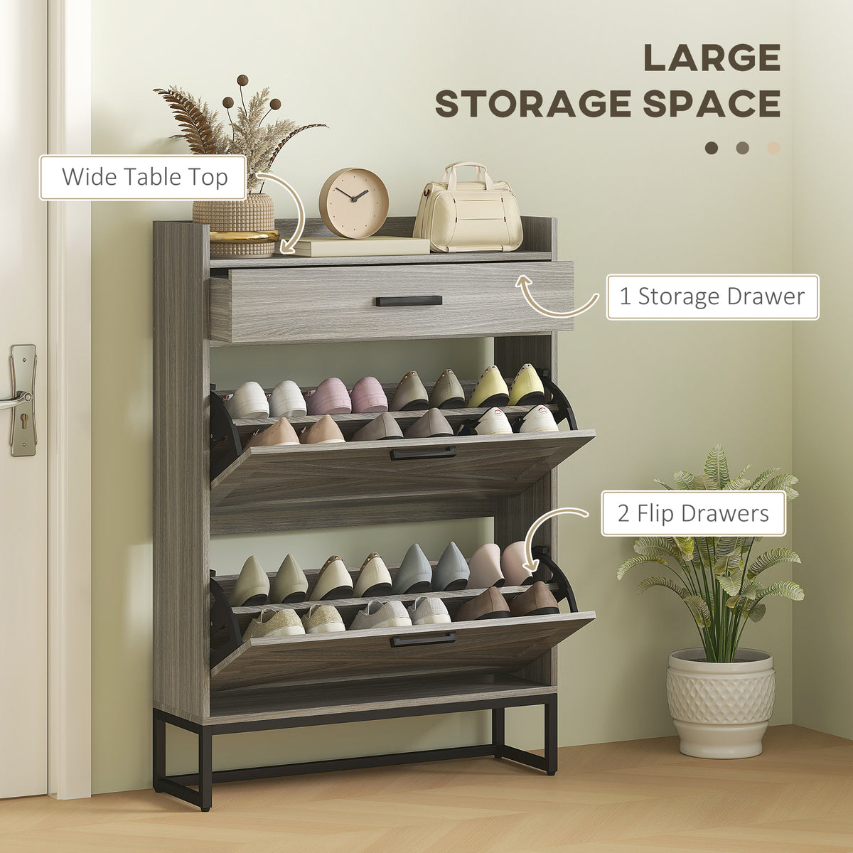 Slim Shoe Storage with 2 Flip Drawers and Adjustable Shelves – 32"W x 45"H