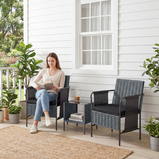 3 Piece Wicker Patio Furniture Set, Outdoor Bistro Set, Side Pockets, Mesh Seat, 2 Tier Glass Table, Cushions – Black