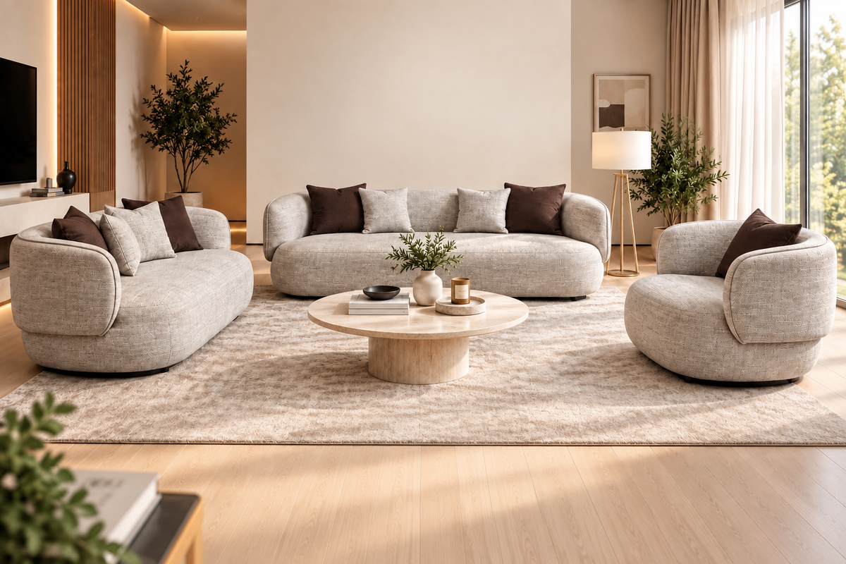 3-Piece Curved Sofa Set – Ivory Textured Fabric
