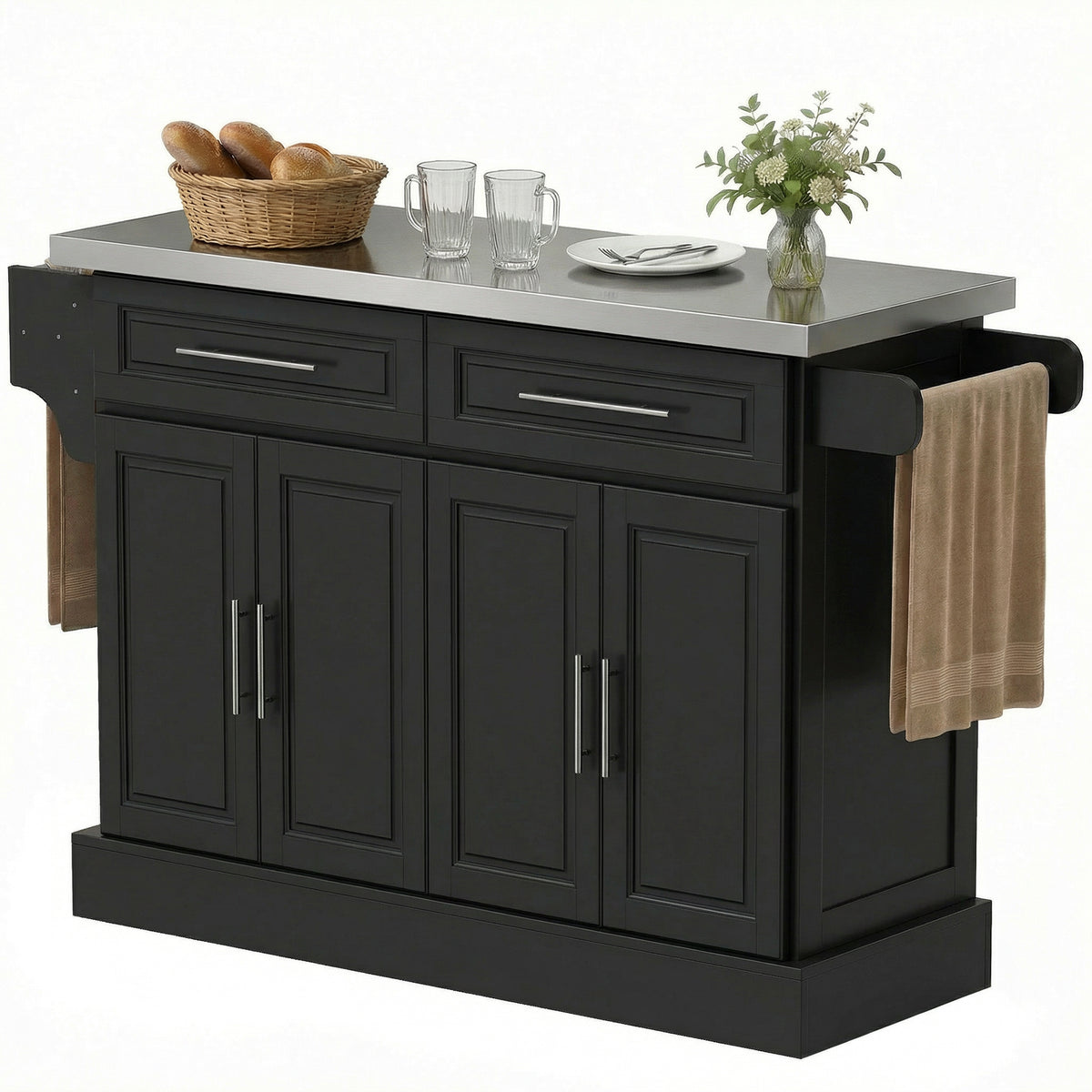 Rolling Kitchen Island with Stainless Steel Top – 57"W x 37"H