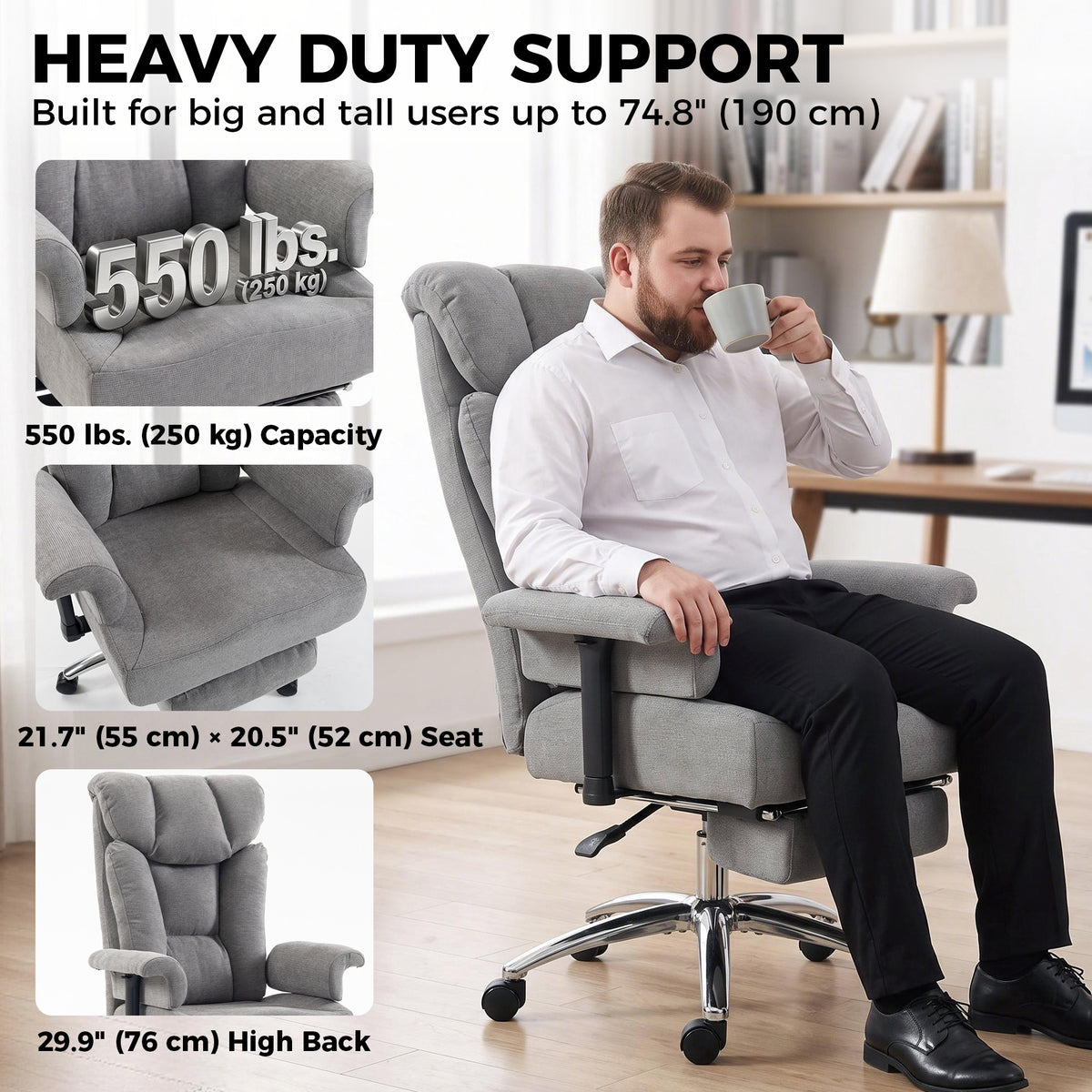550lbs Big and Tall Office Chair, Heavy Duty Executive Desk Chair with Adjustable Padded Armrests, Grey