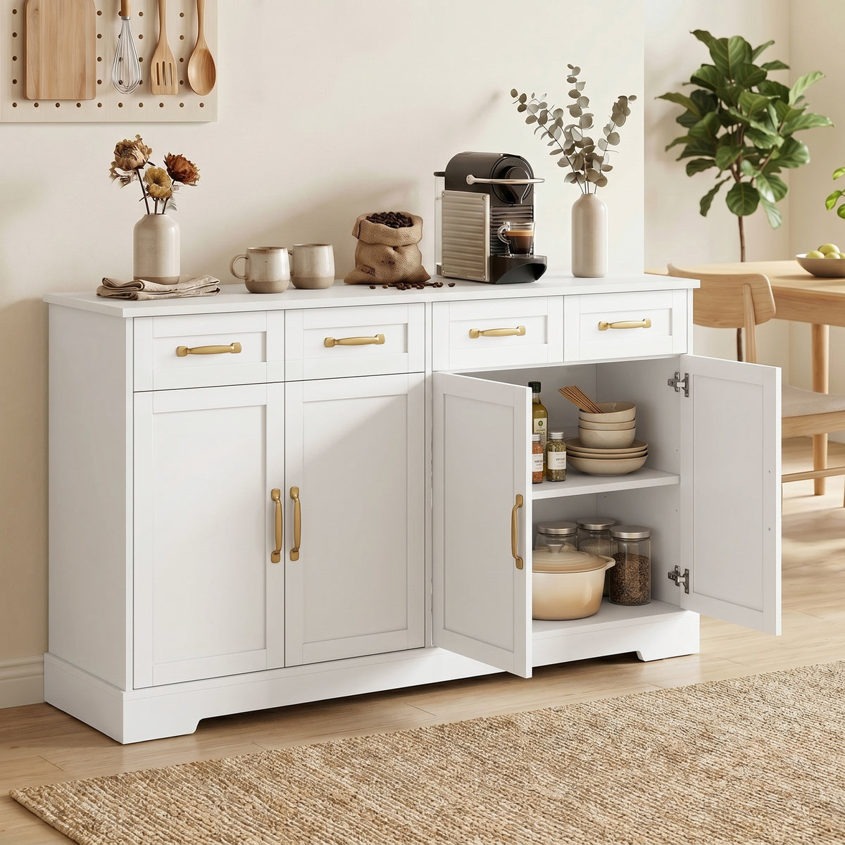 Modern Farmhouse Kitchen Storage Cabinet with 4 Drawers – 55"W x 31"H