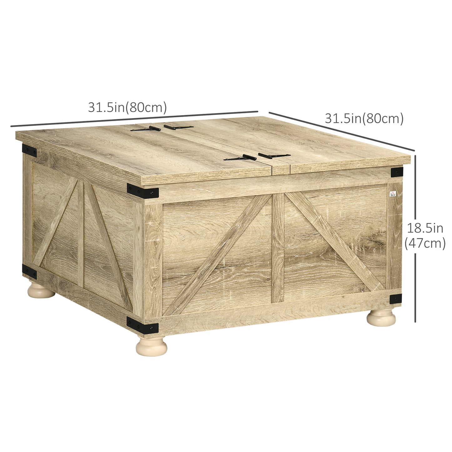 HOMCOM Farmhouse Square Coffee Table, Flip-Top Lids, Hidden Storage, Oak