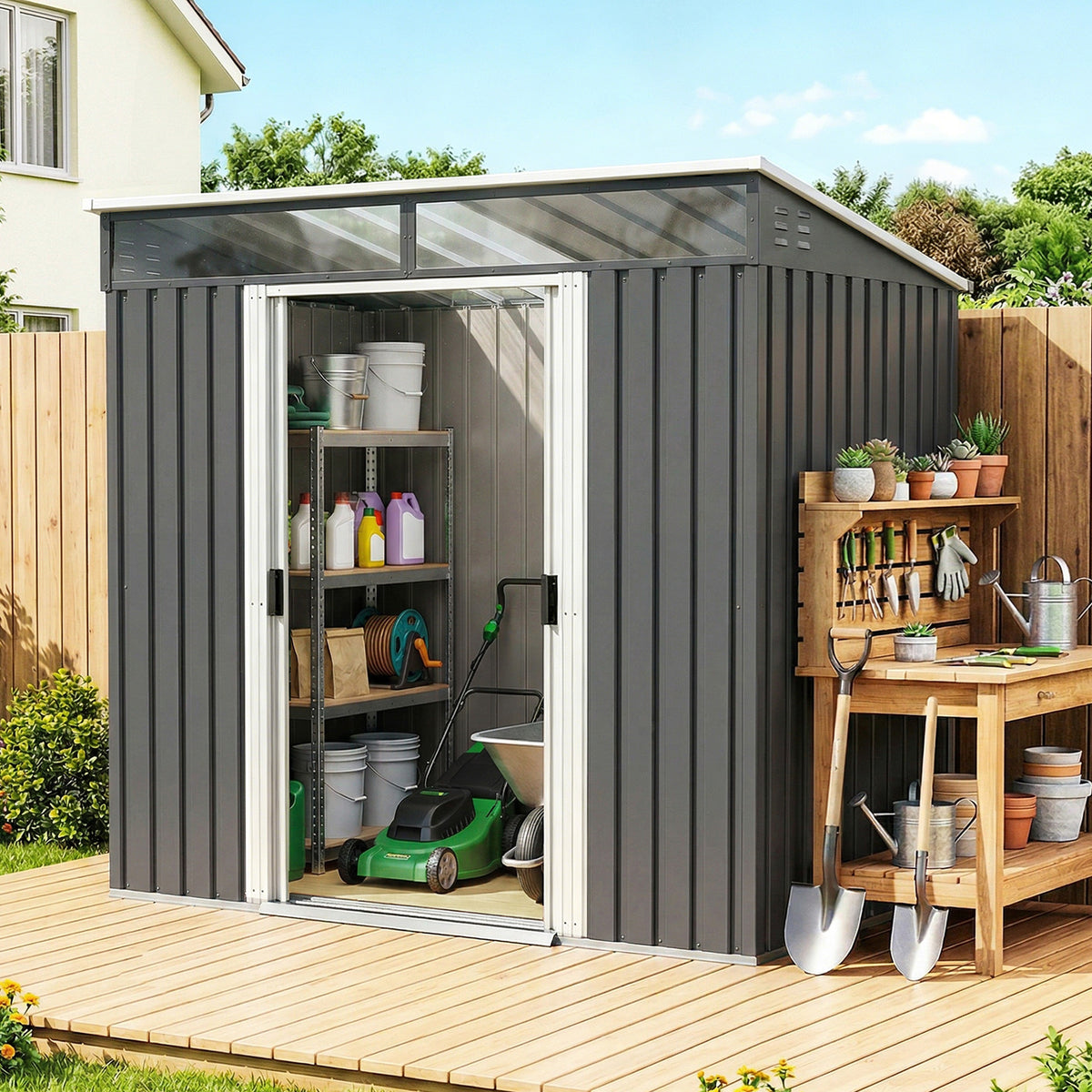 6.5 x 4 ft Garden Tool Shed, Galvanised Steel Outdoor Storage with Lockable Sliding Doors, Foundation Kit, Hooks & Vents – Grey
