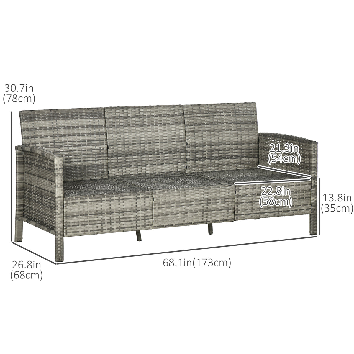 3-Seater Wicker Sofa, PE Rattan Outdoor Couch Conversation Furniture with Removable Cushions for Patio, Garden