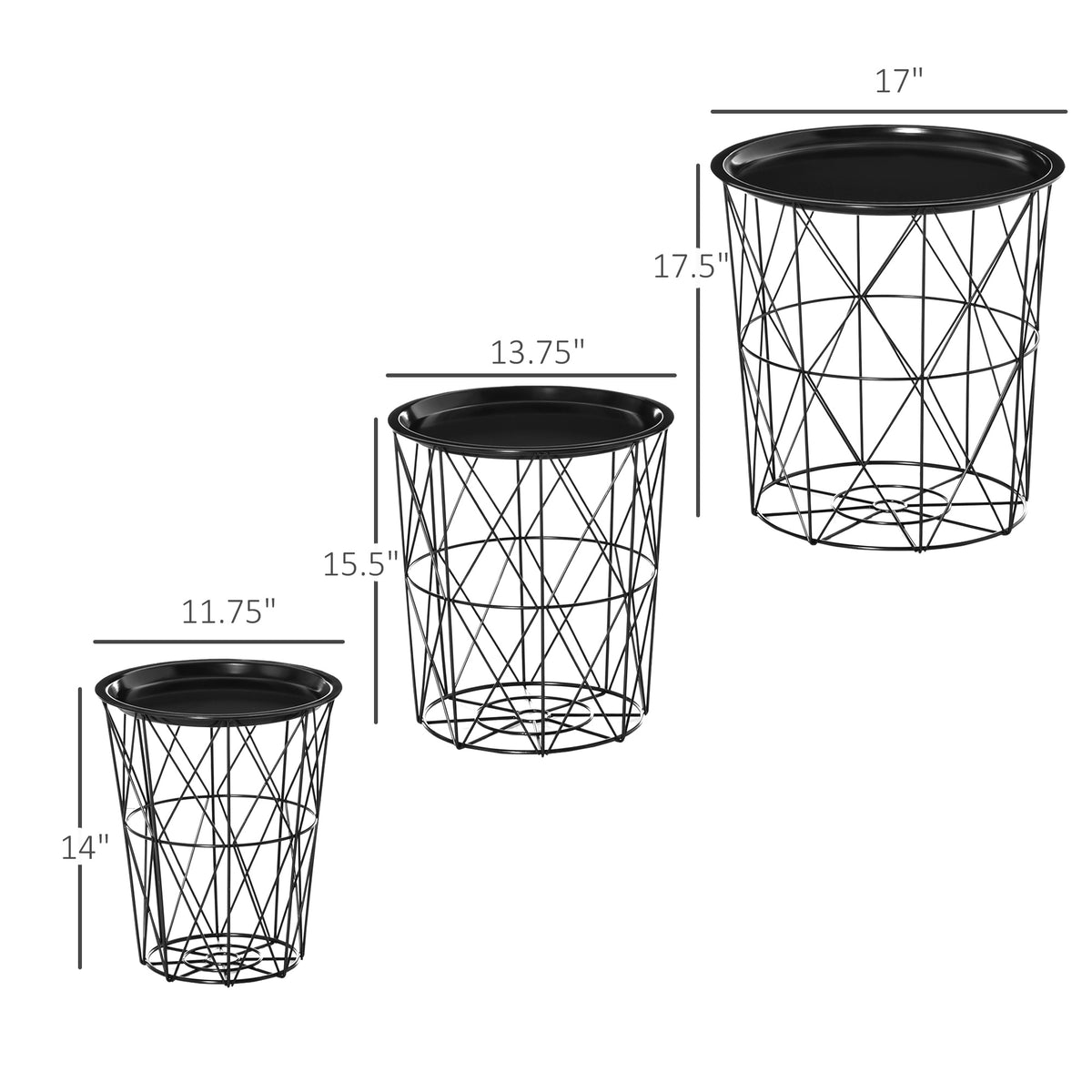 Round Nesting Coffee Tables Set of 3 with Basket Storage – Black