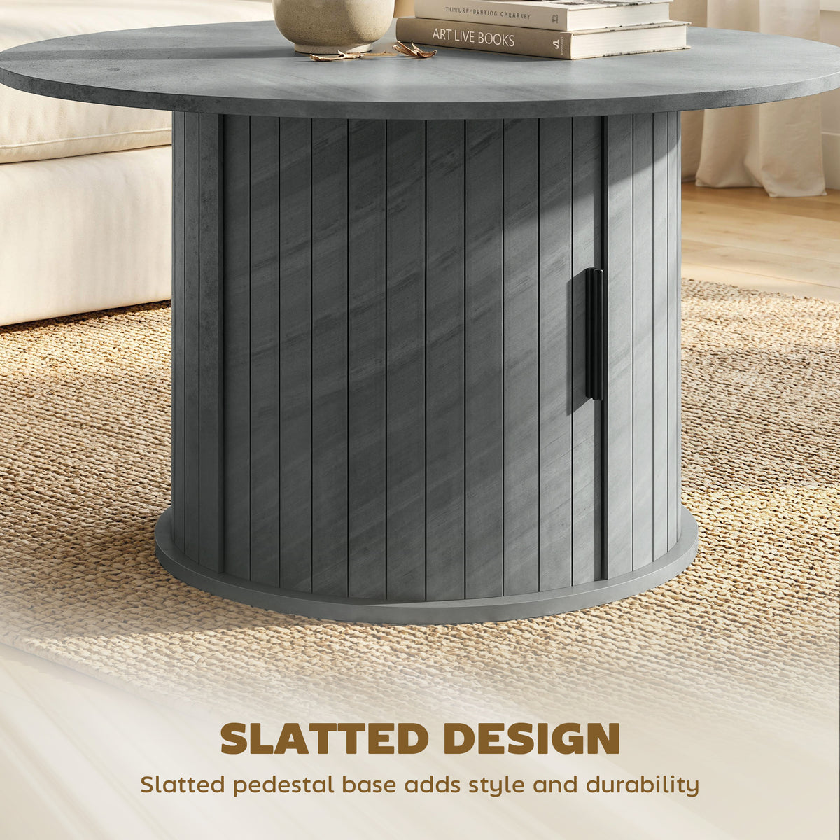 31.5" Round Coffee Table with Slatted Storage Pedestal, Cement Grey