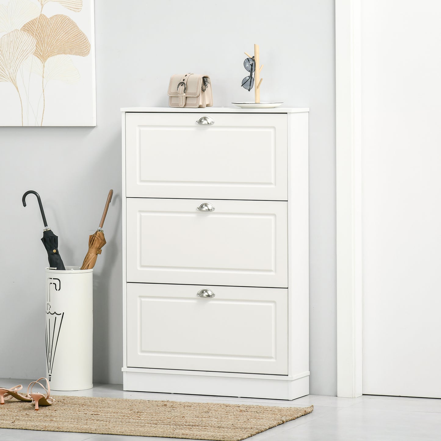 HOMCOM Narrow White Wooden Shoe Cabinet with 3 Flip Drawers
