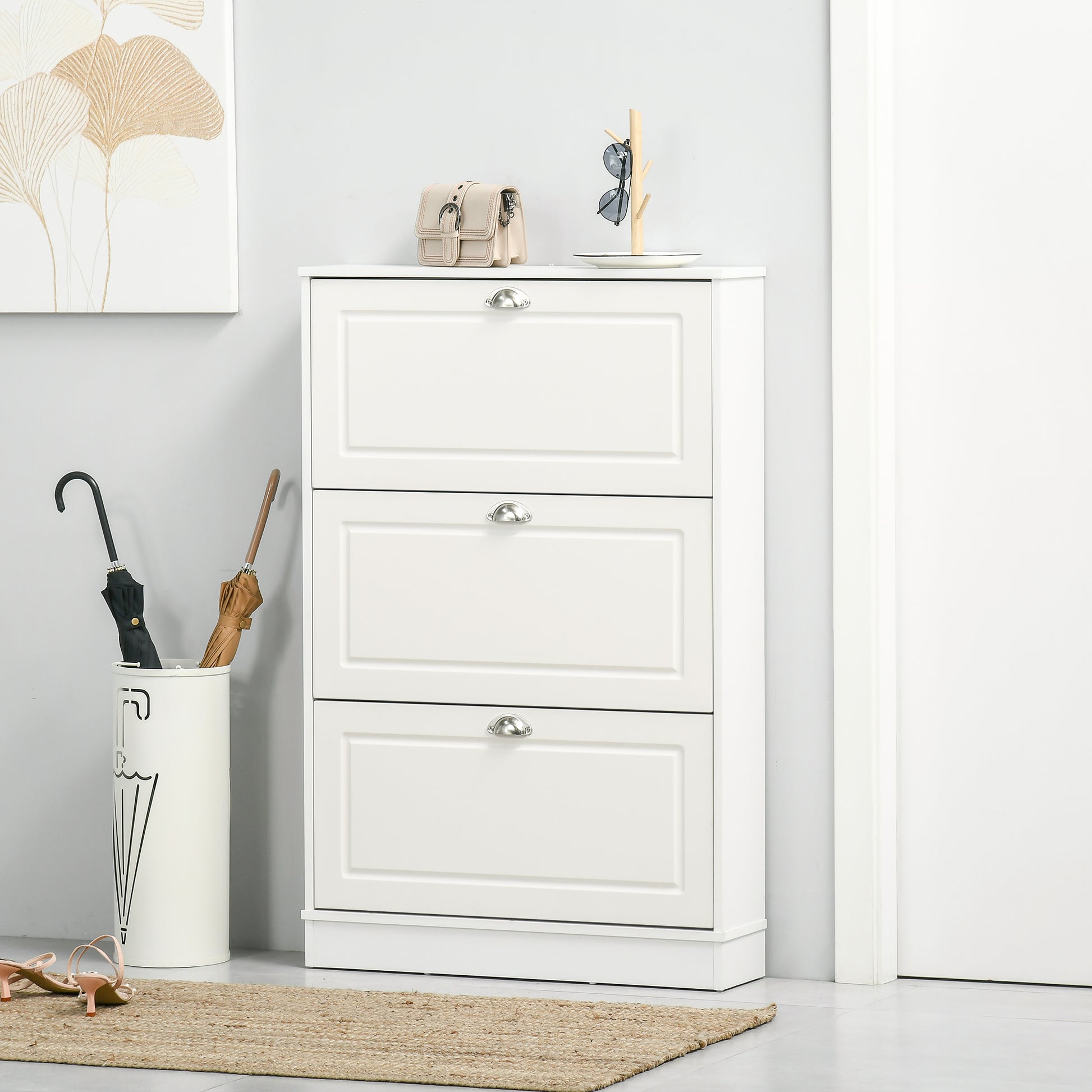 HOMCOM Narrow White Wooden Shoe Cabinet with 3 Flip Drawers