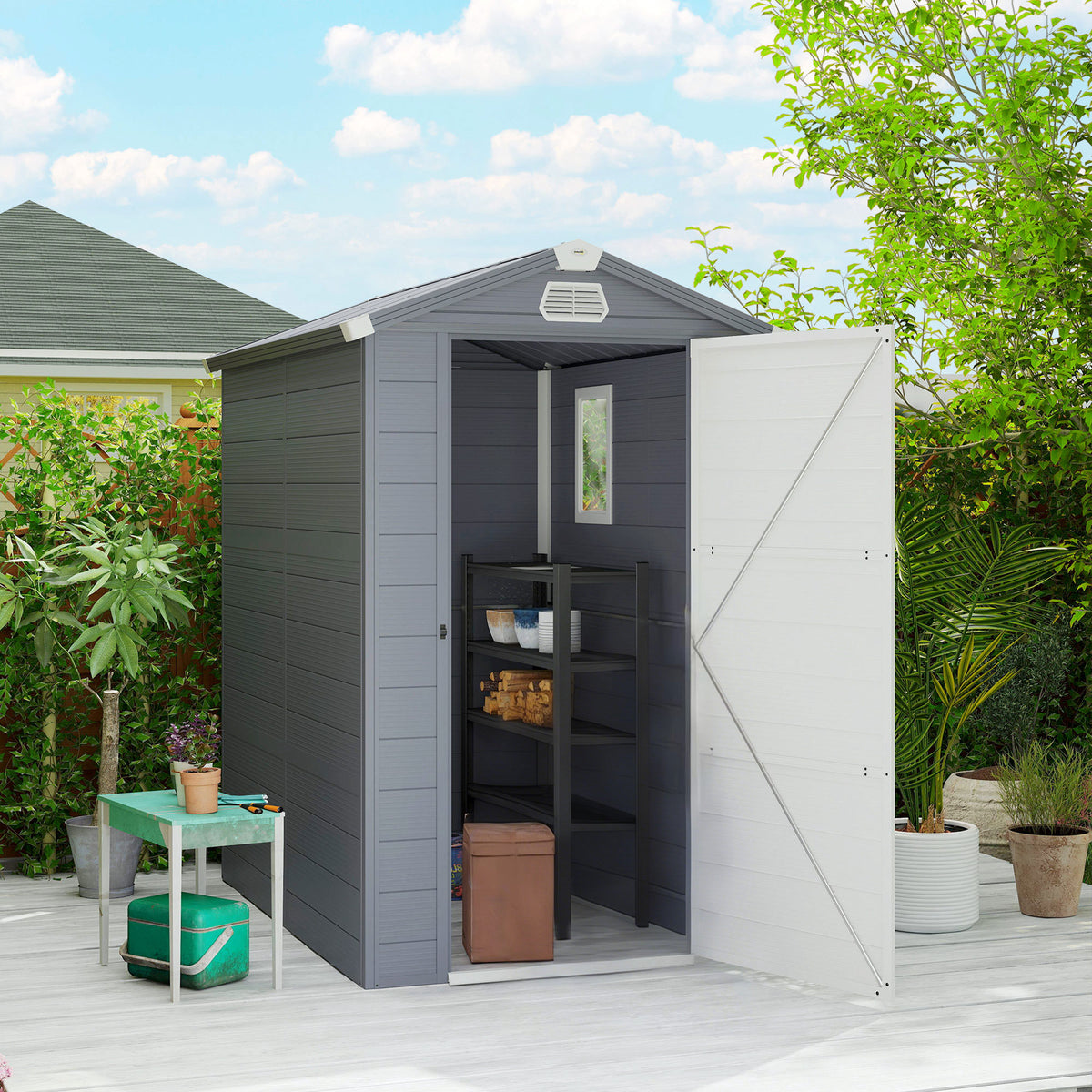 4.5' x 6' Garden Storage Shed with Latch Door, Vents, Sloped Roof – Light Grey