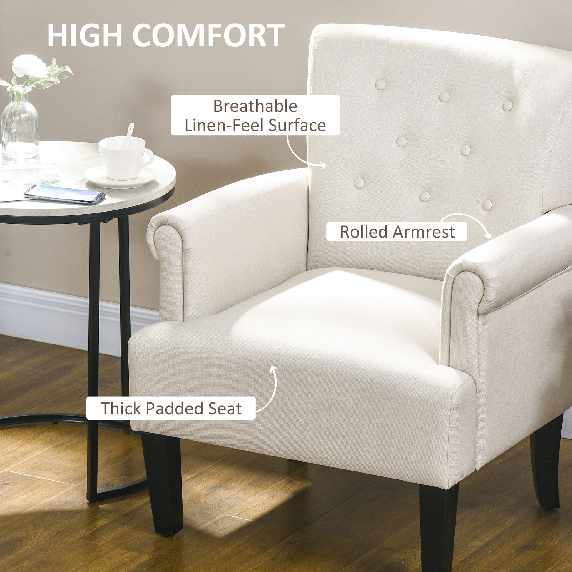 HOMCOM Elegant Cream Fabric Accent Armchair with Rolled Arms Wood Legs