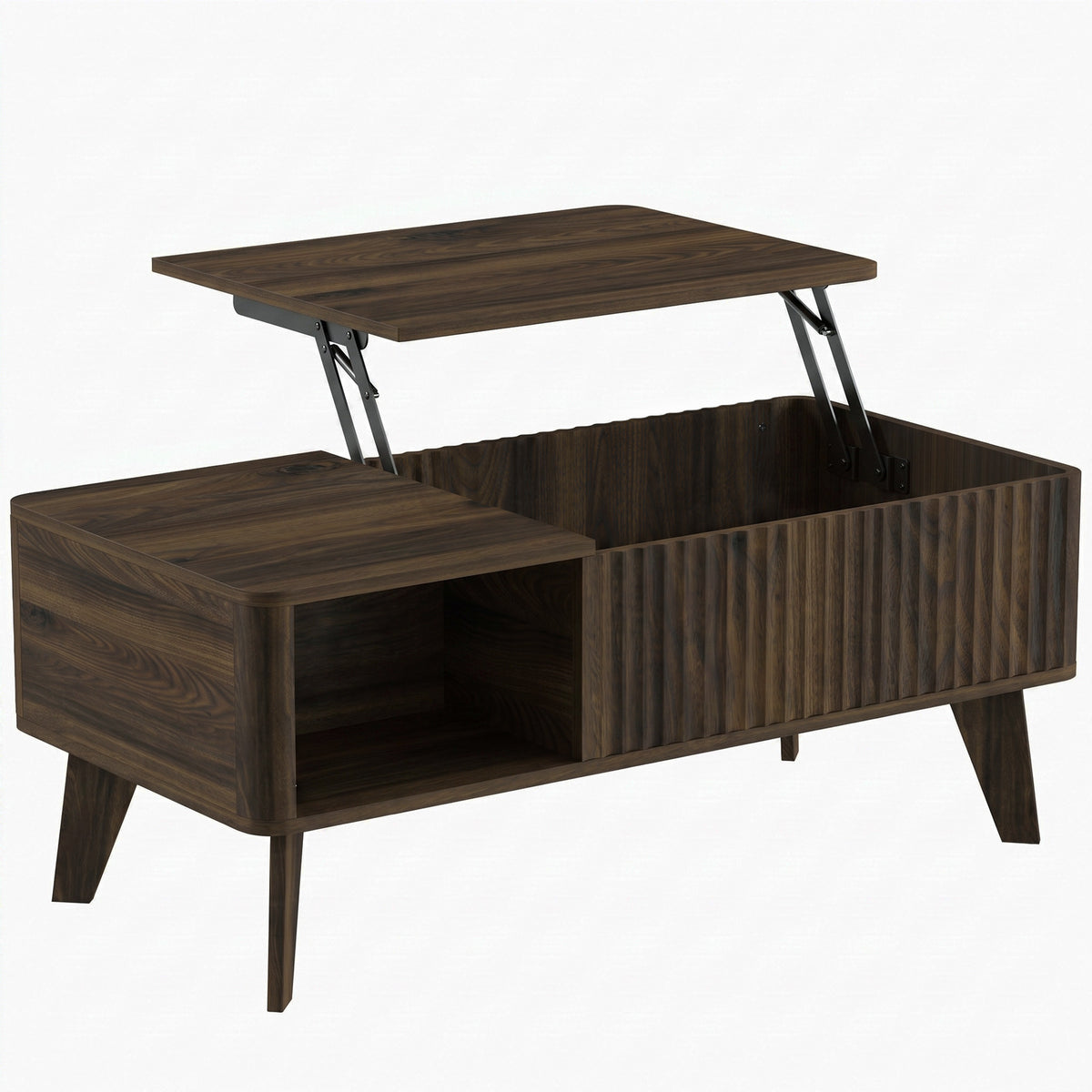 HOMCOM 40" Fluted Lift Top Coffee Table with Storage, Mid-Century Coffee Table with Hidden Compartment, Open Shelf, Walnut