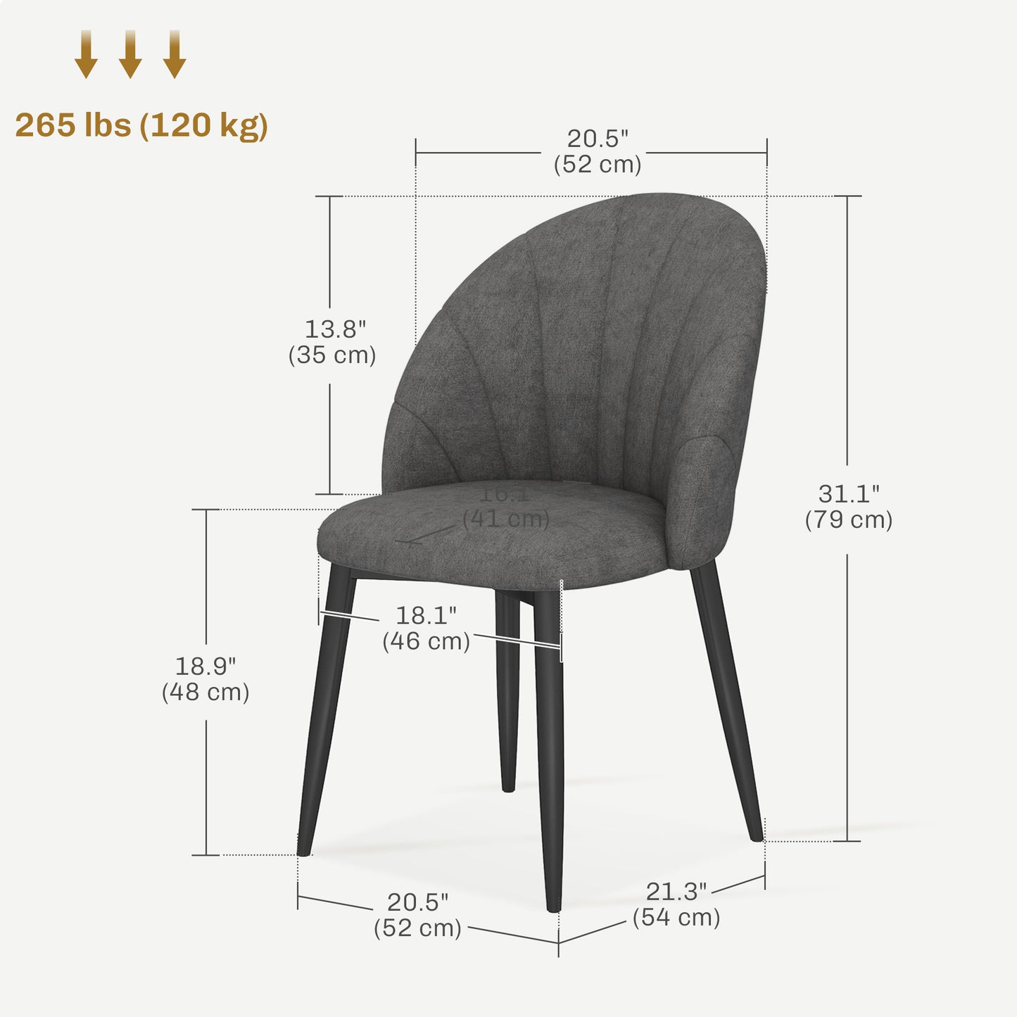 Modern Dining Chairs Set of 4, Upholstered Dining Room Chairs with Metal Legs, Shell Backrest, Padded Seat, Dark Grey