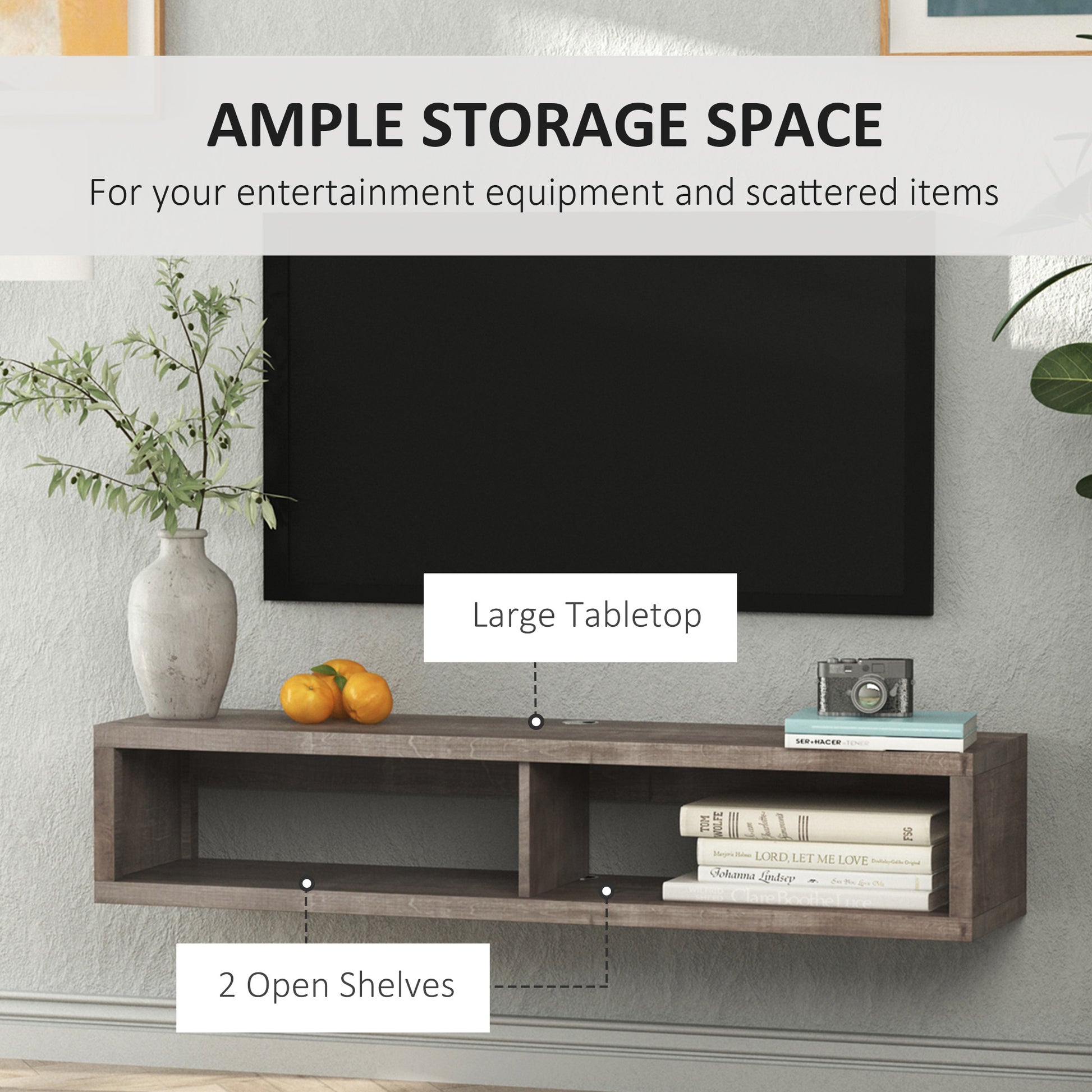 HOMCOM Modern Floating Wall Mounted TV Media Console Shelf Dark Grey Wood