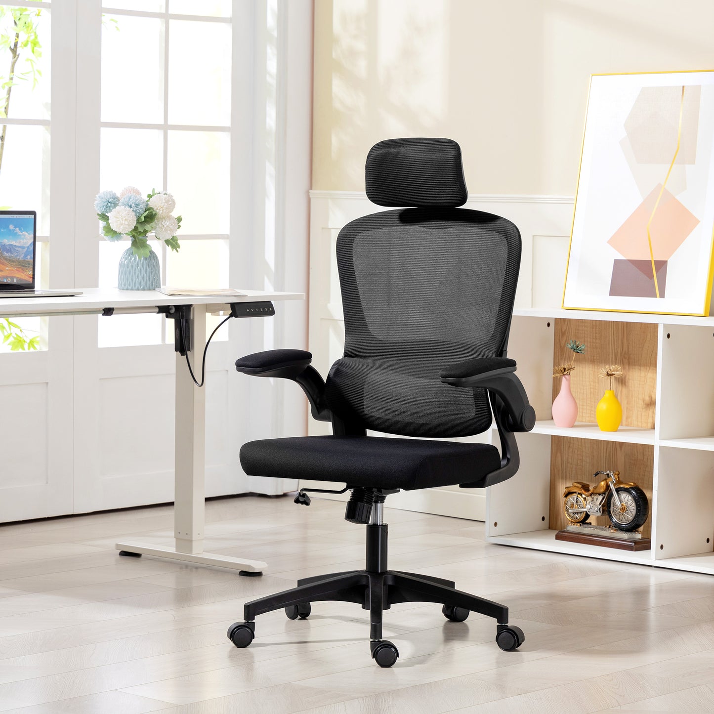 Ergonomic Mesh High-Back Office Chair with Rotatable Headrest, Flip-Up Armrests