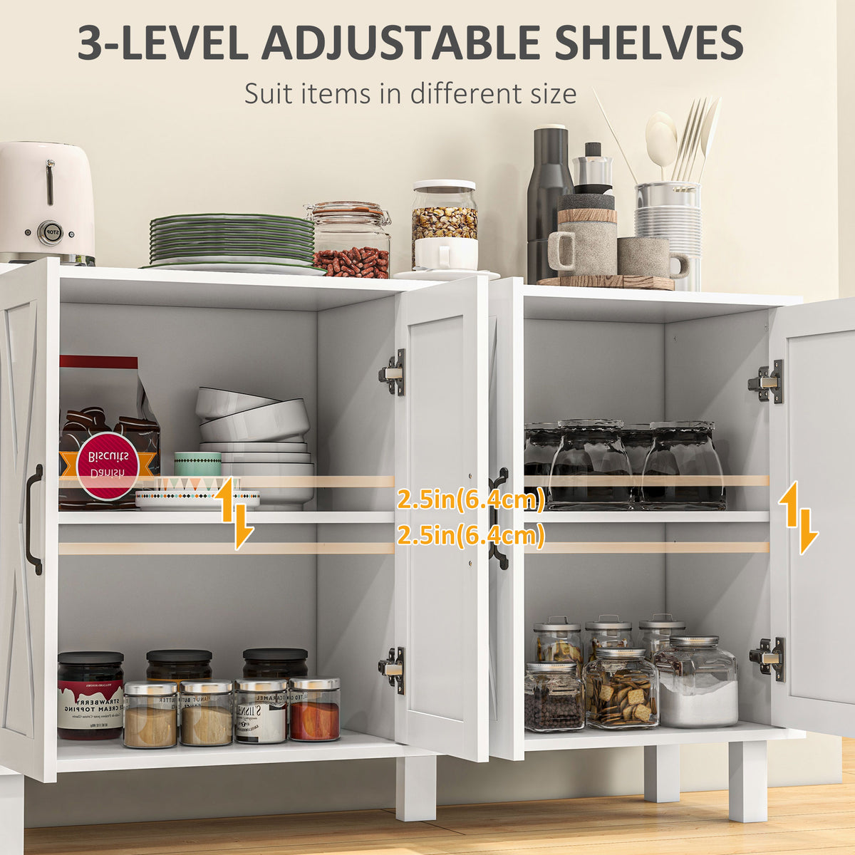 Kitchen Sideboard Cabinet with 4 Barn Doors and 2 Adjustable Shelves – 47"W x 30"H