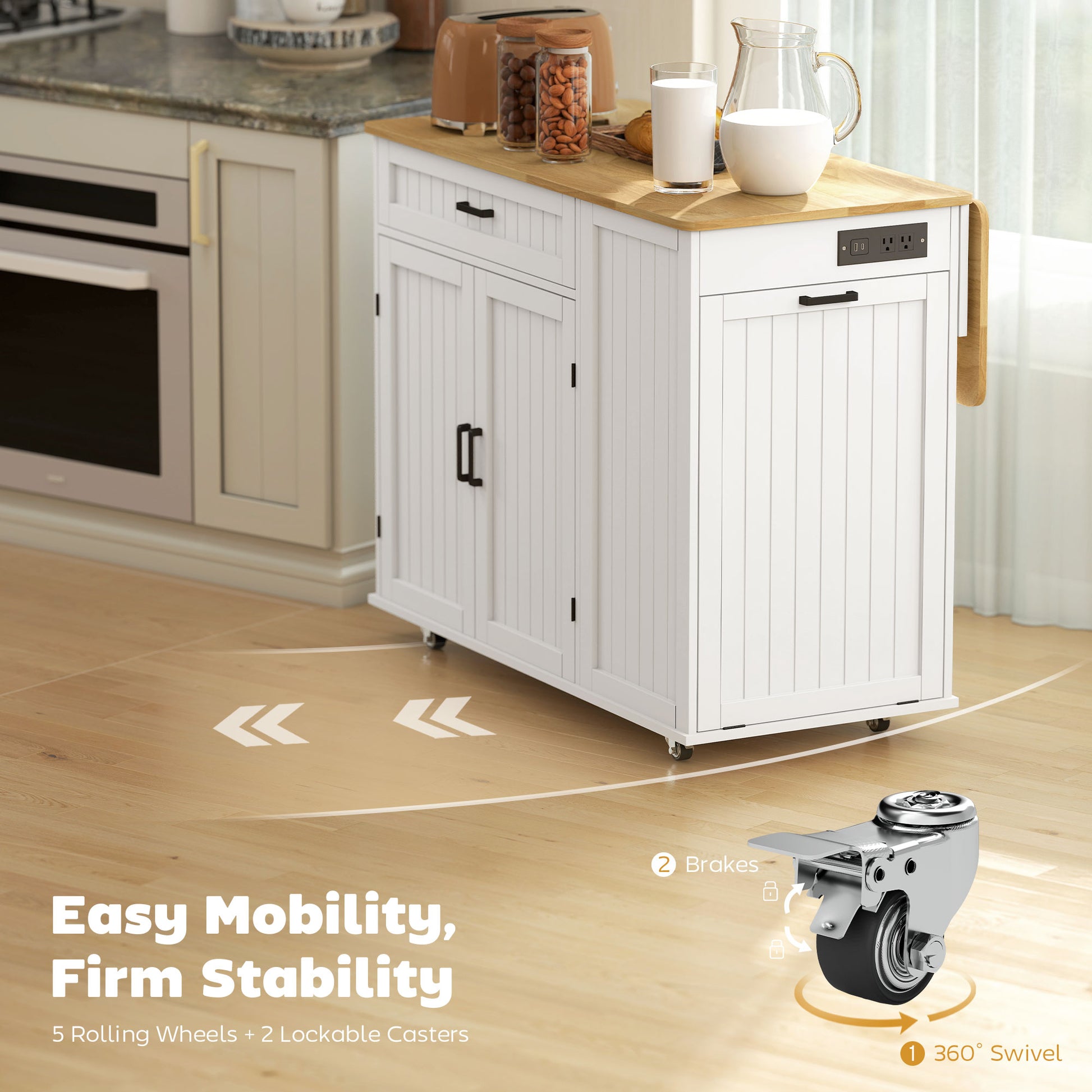 HOMCOM Kitchen Island Cart Portable with Charging Station White