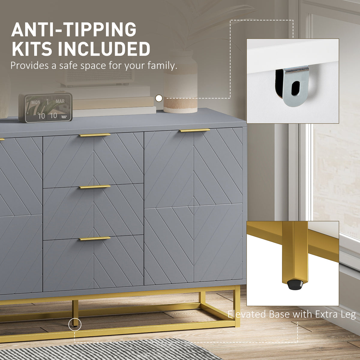 47" Sideboard with 3 Drawers and Gold Base, Grey
