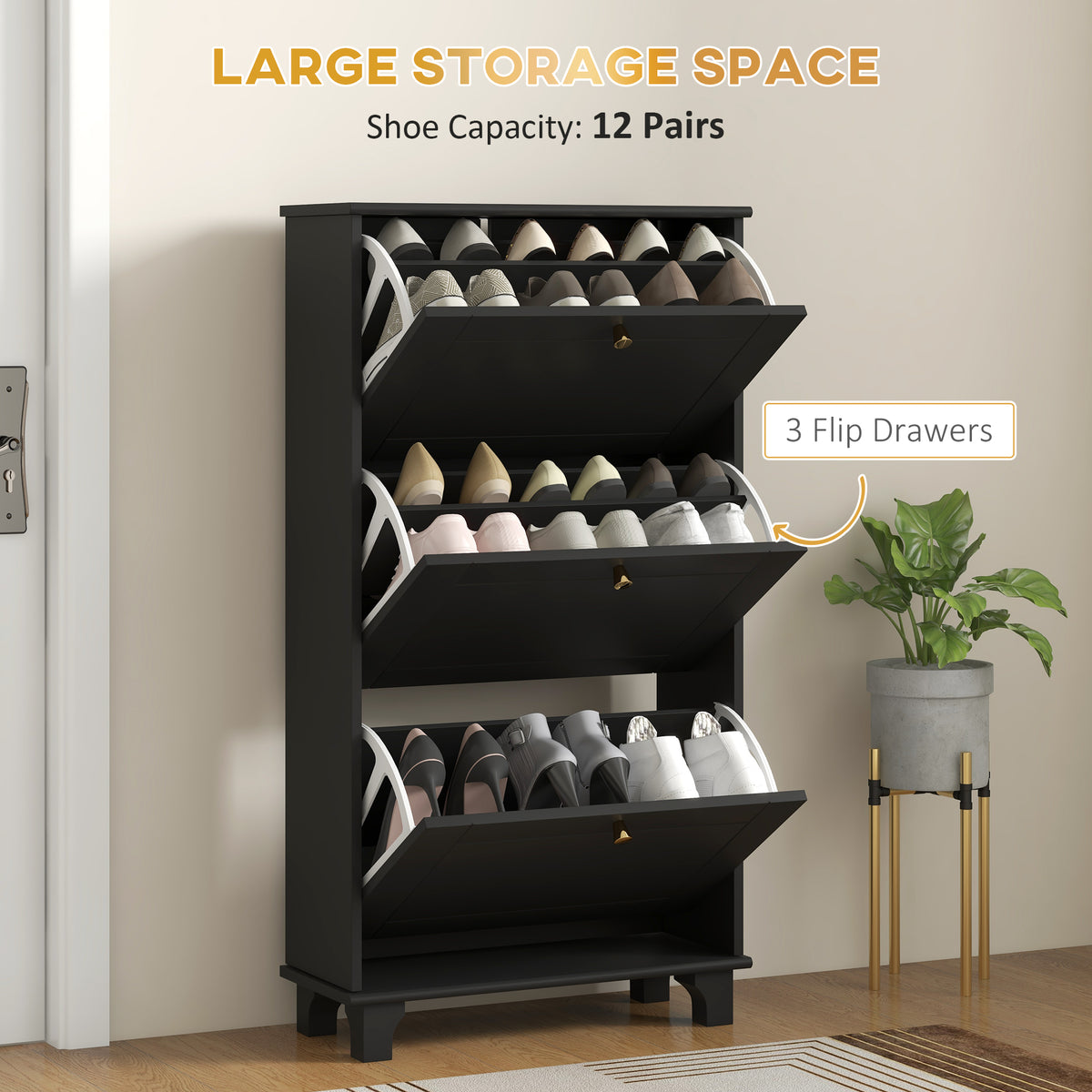 Narrow Shoe Storage with 3 Flip Drawers and Adjustable Shelves – 24"W x 49"H