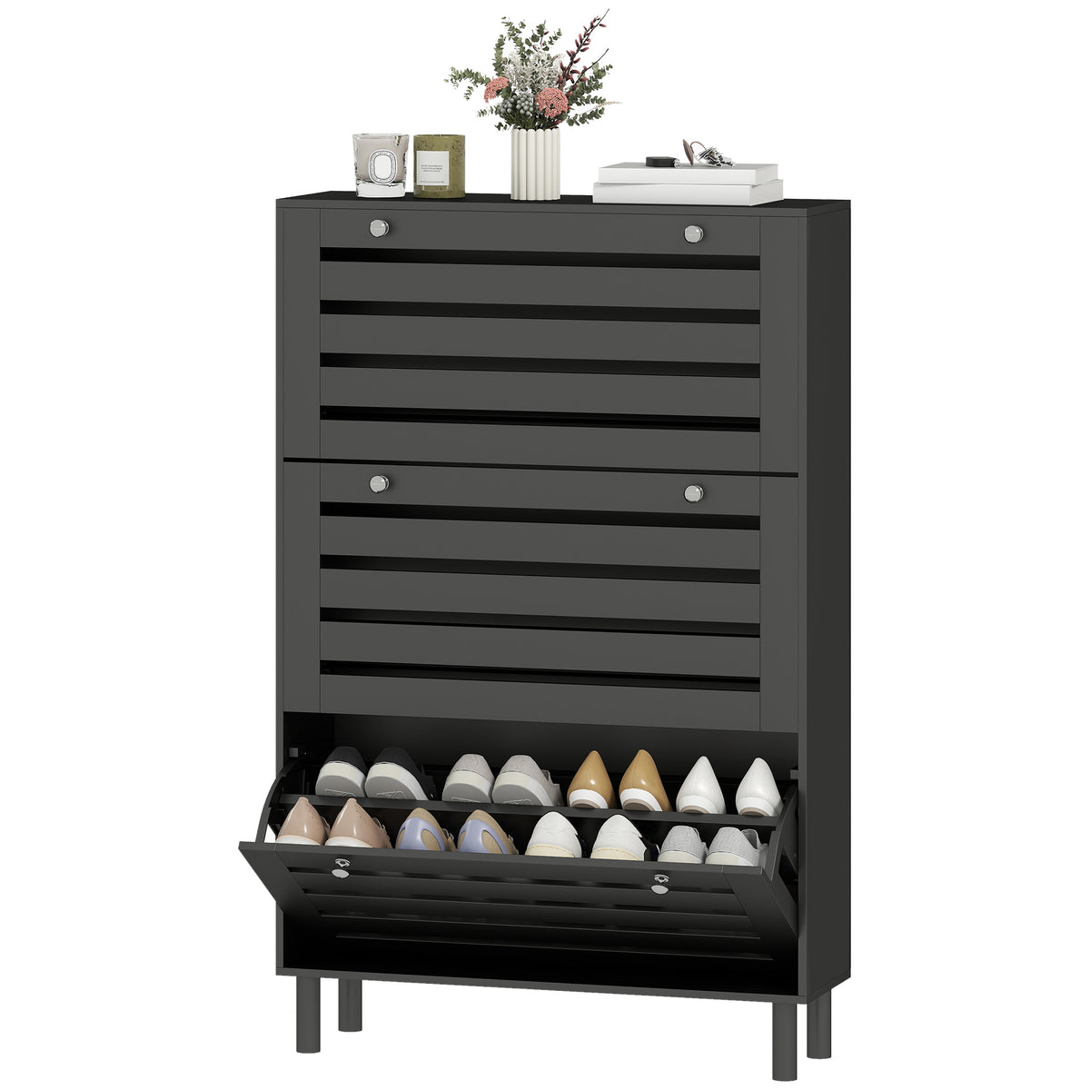 Narrow Shoe Cabinet with 3 Flip Drawers – 31"W x 48"H
