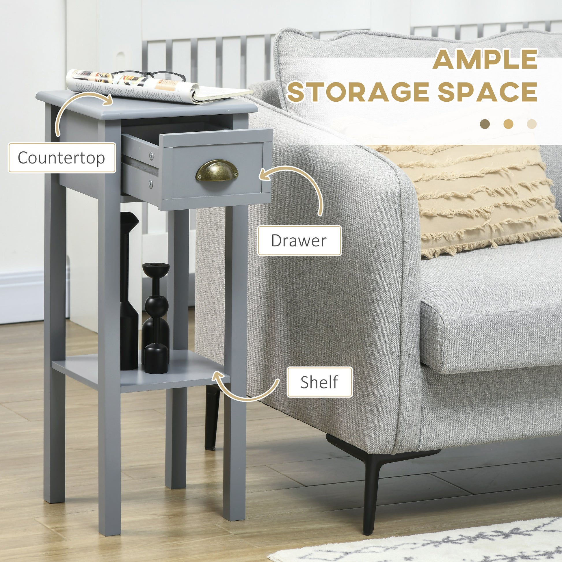 HOMCOM Set of 2 Slim Grey Wooden Nightstands with Drawer and Shelf