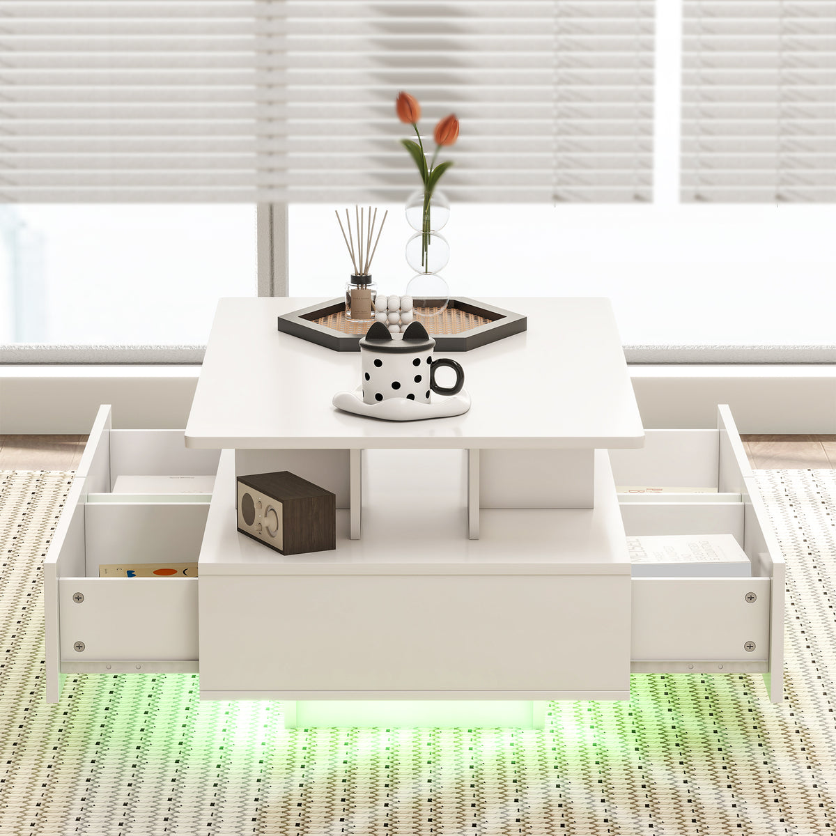 RGB LED Coffee Table with 4 Drawers and Open Shelf, High Gloss White