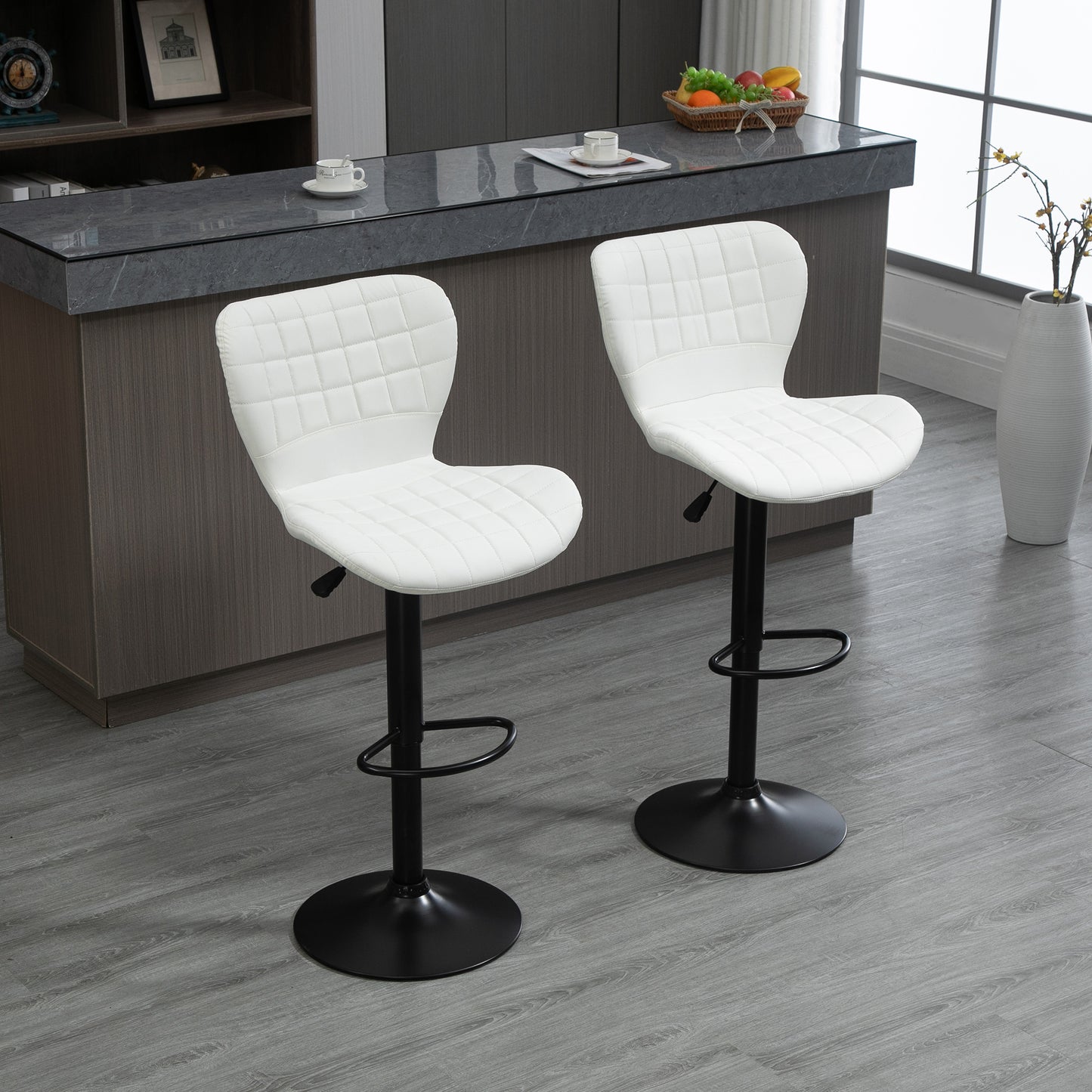 HOMCOM Modern Adjustable Swivel Bar Stools Set of 2, White PU Leather
