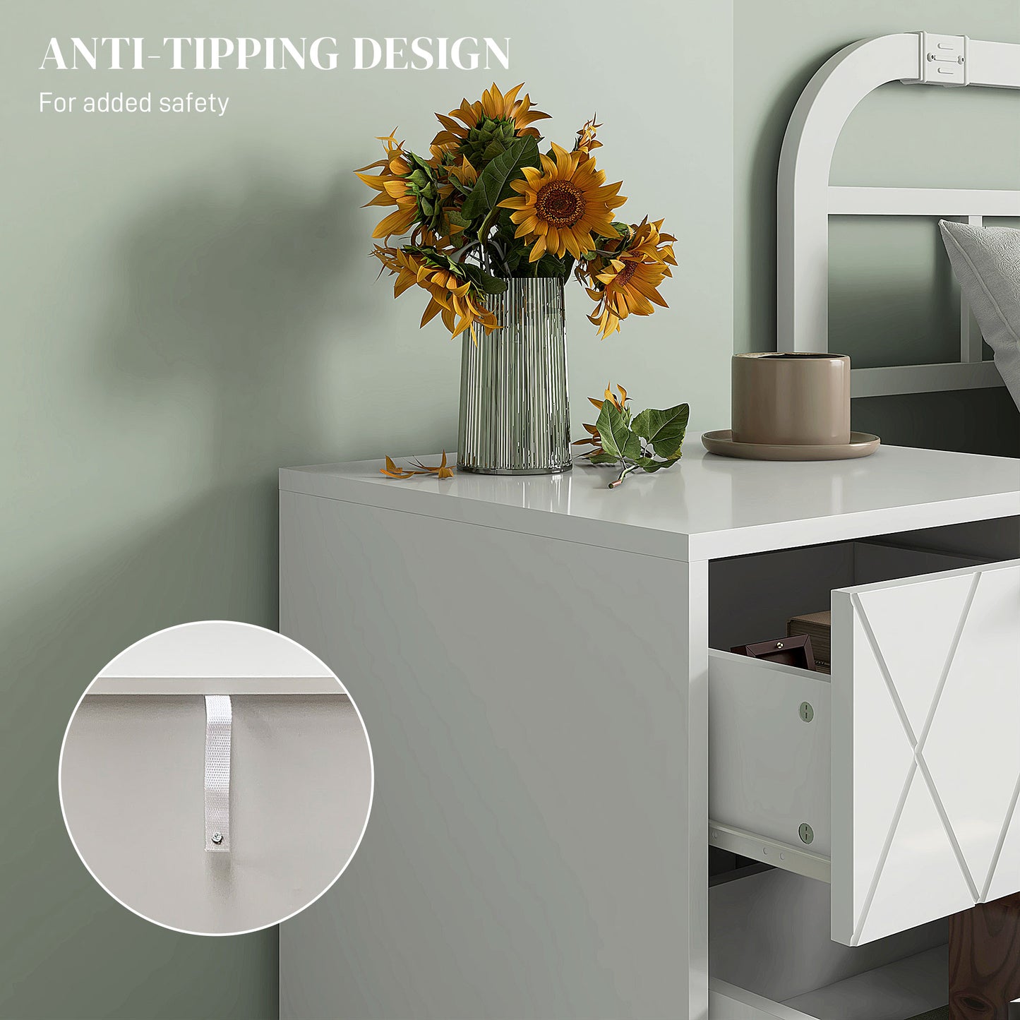 Modern White Bedside Table Accent Nightstand with 2 Storage Drawers, Hairpin Legs