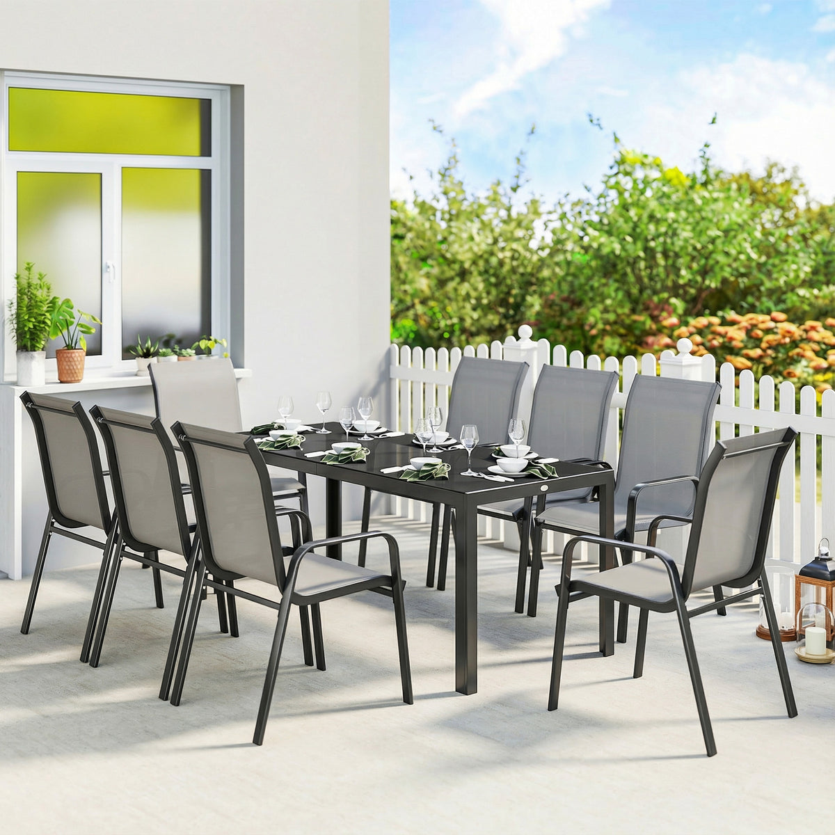 Outdoor Dining Sets for 8 with Stackable Chairs, Patio Dining Set with Glass Top Table for Garden, Patio, Backyard – Light Grey